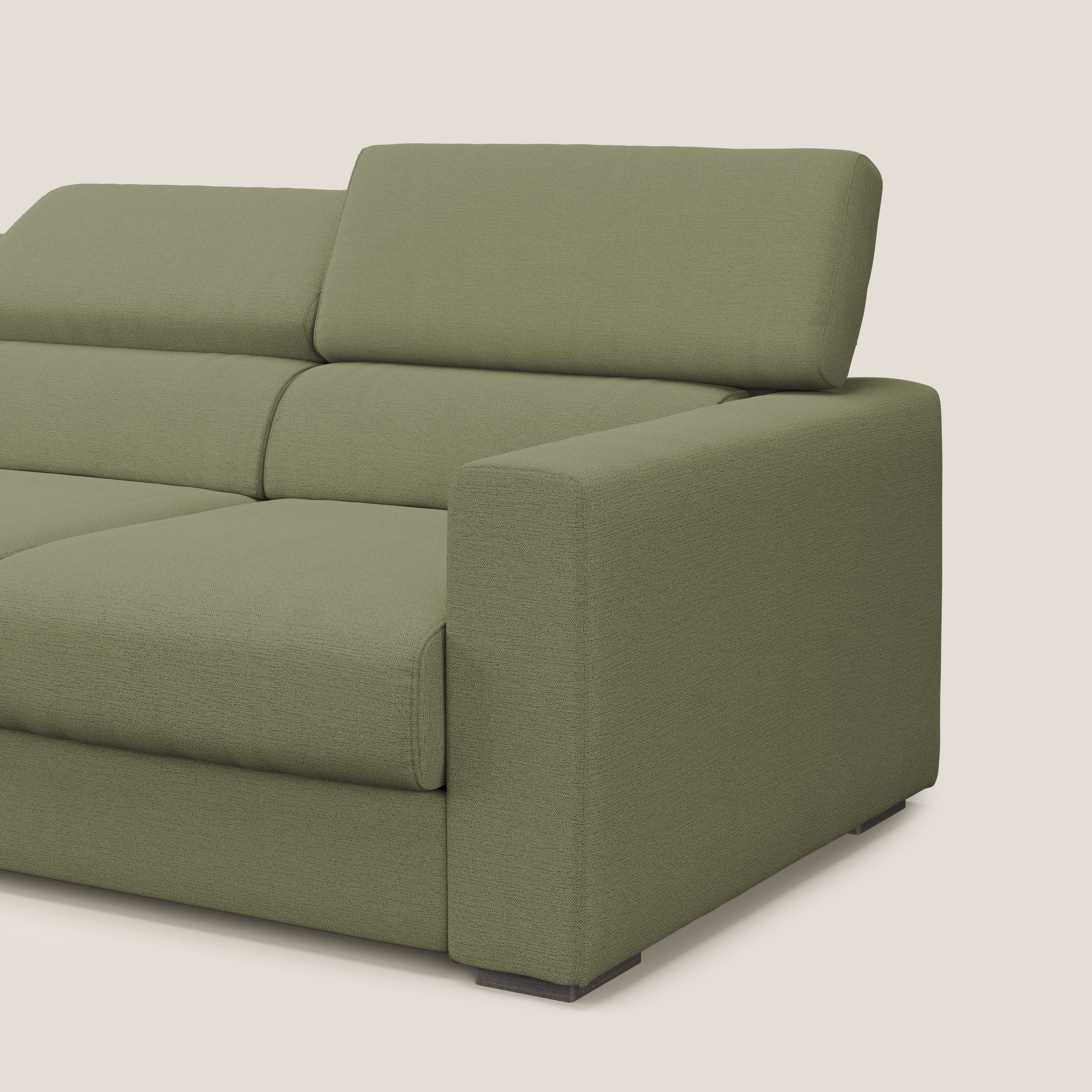Dylan divano a 3 sedute con pouf estraibile poggiapiedi in tessuto fiammato simil cotone impermeabile T19 verde - divani.store