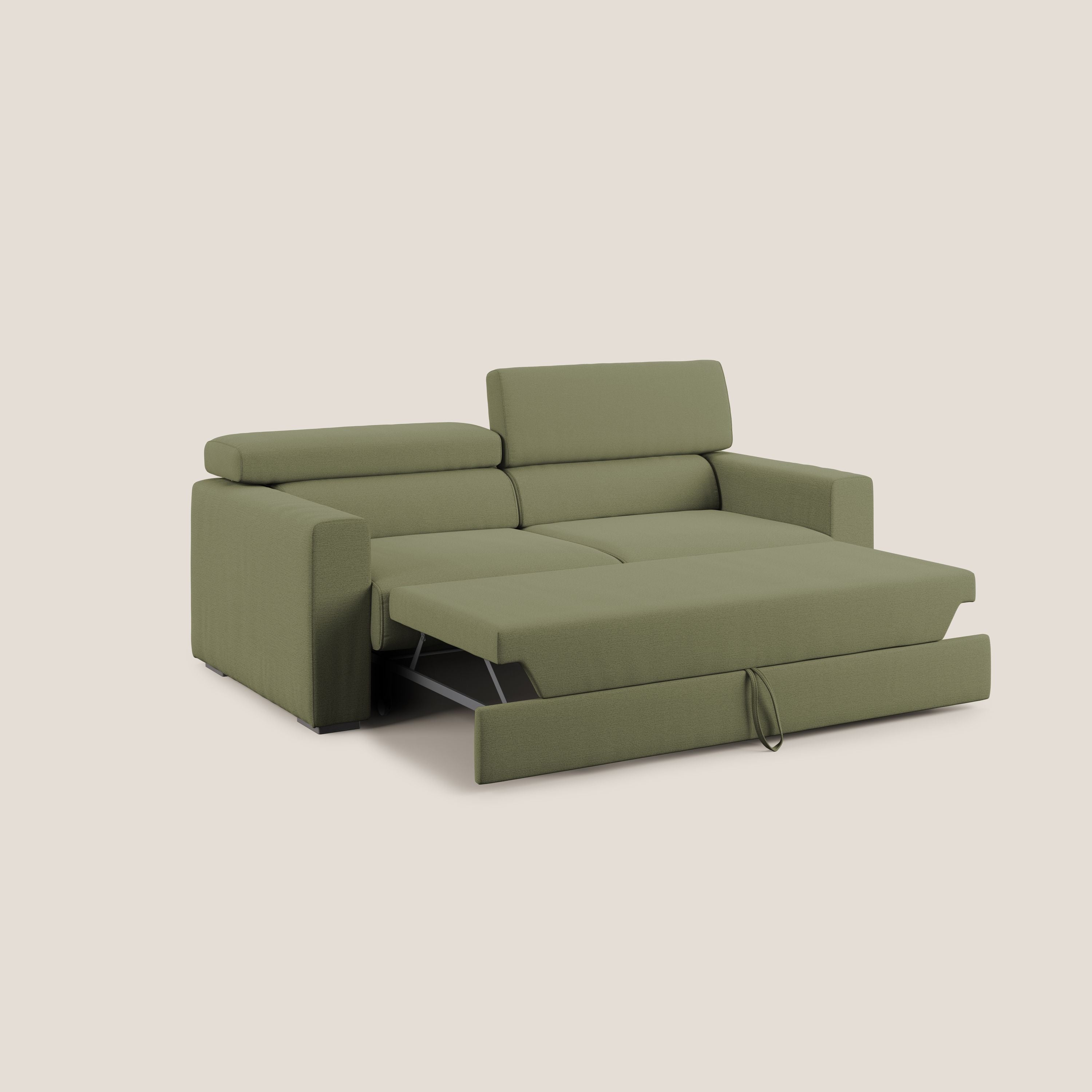 Dylan divano allungabile con pouf estraibile poggiapiedi in tessuto fiammato simil cotone impermeabile T19 verde - divani.store