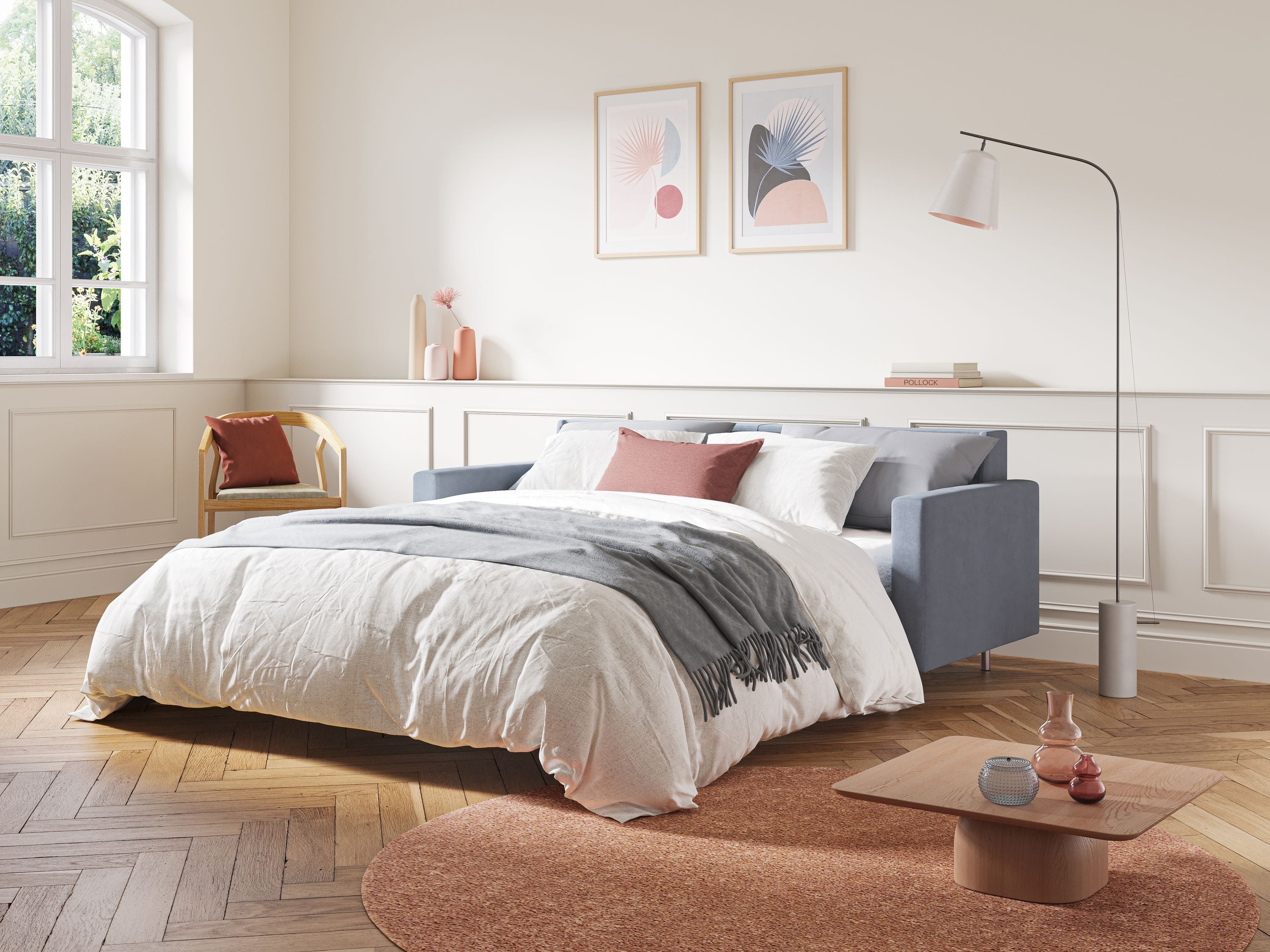 Megan divano letto matrimoniale in microfibra smacchiabile T11 carta da zucchero - divani.store