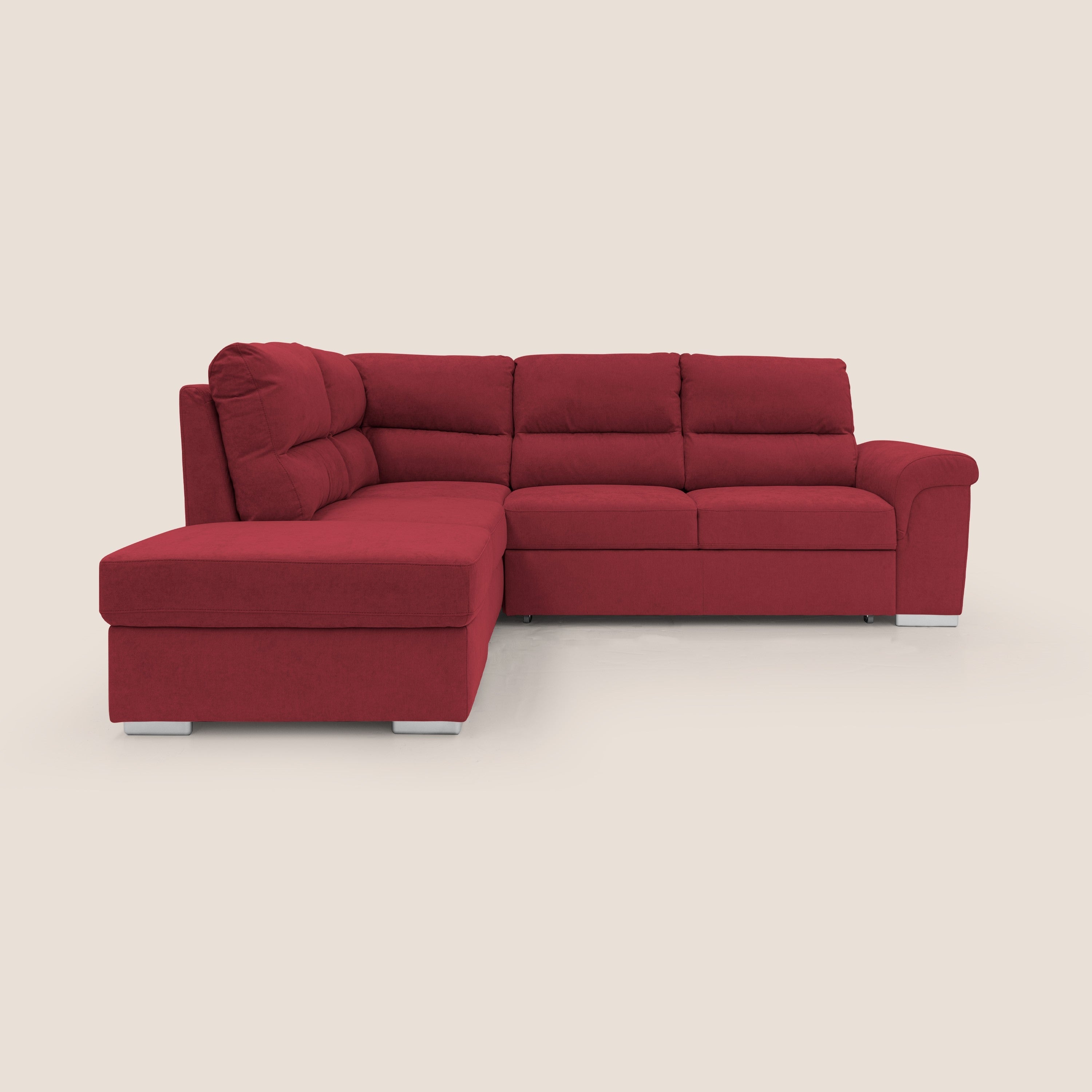 Minerva divano angolare con estraibile a cassettone e pouf contenitore in tessuto morbido impermeabile T02 rosso - divani.store