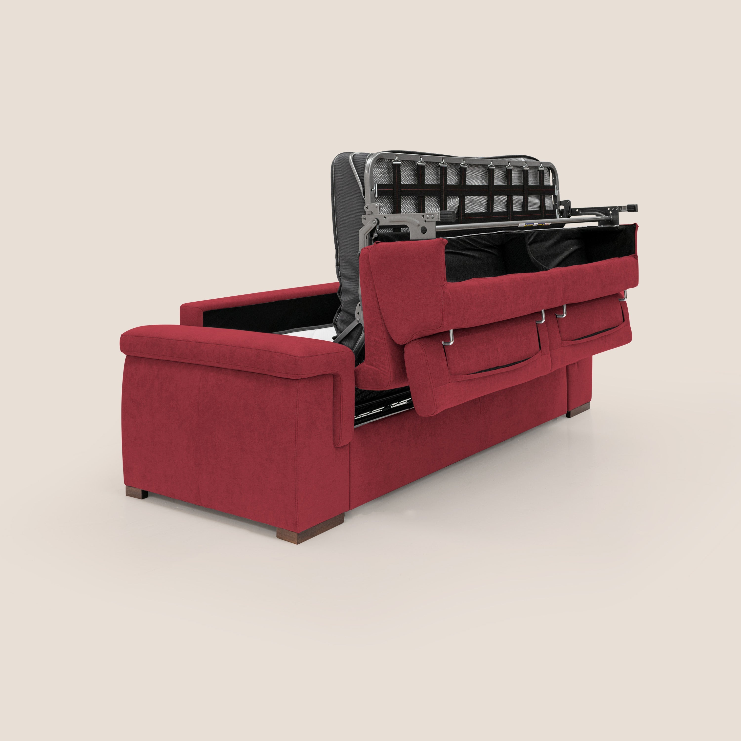 Giunone divano letto con materasso alto 18 cm e poggiatesta reclinabili in tessuto impermeabile T02 rosso - divani.store