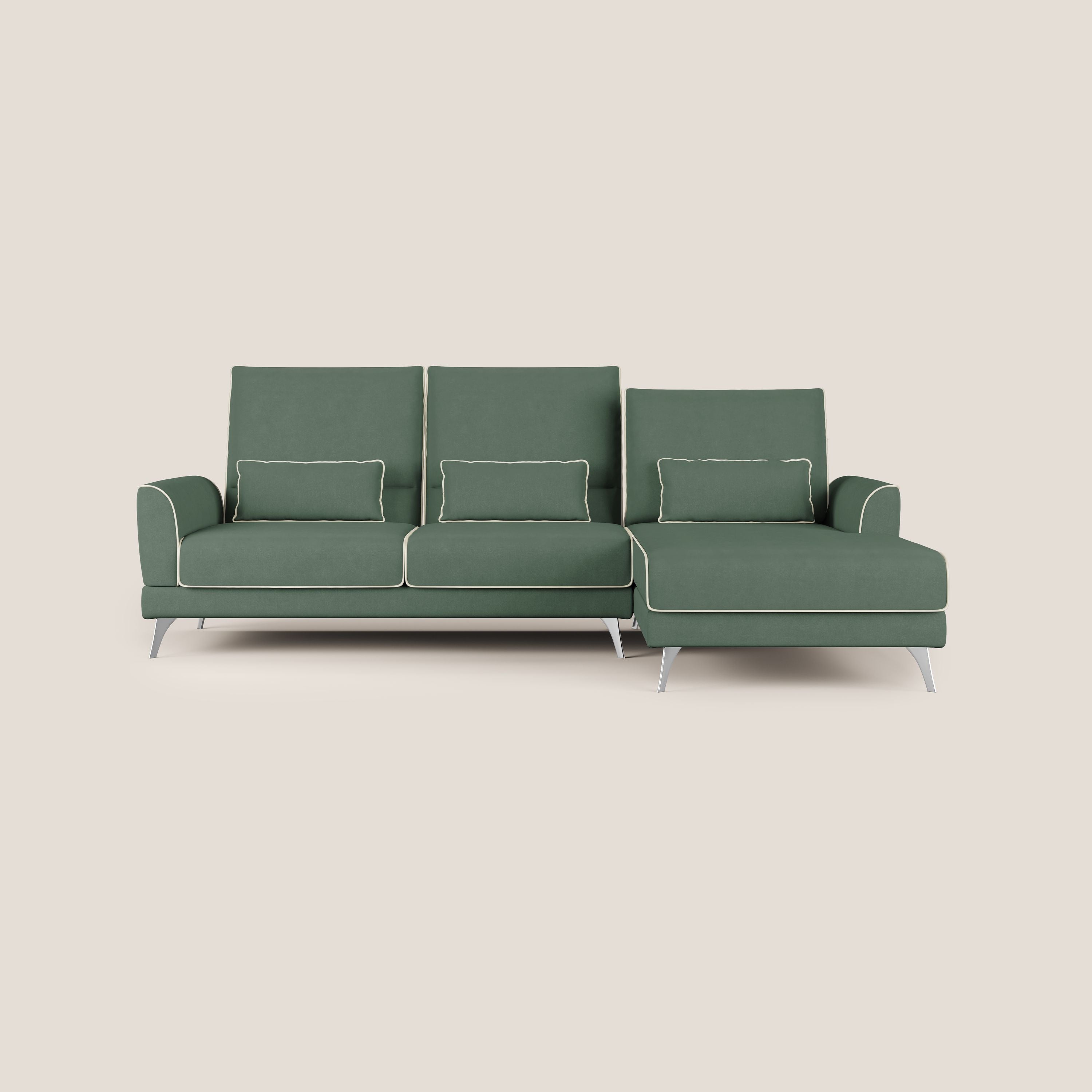 Tommy Divano angolare bicolore con relax e schienali traslanti in microfibra smacchiabile T11 verde - panna - divani.store