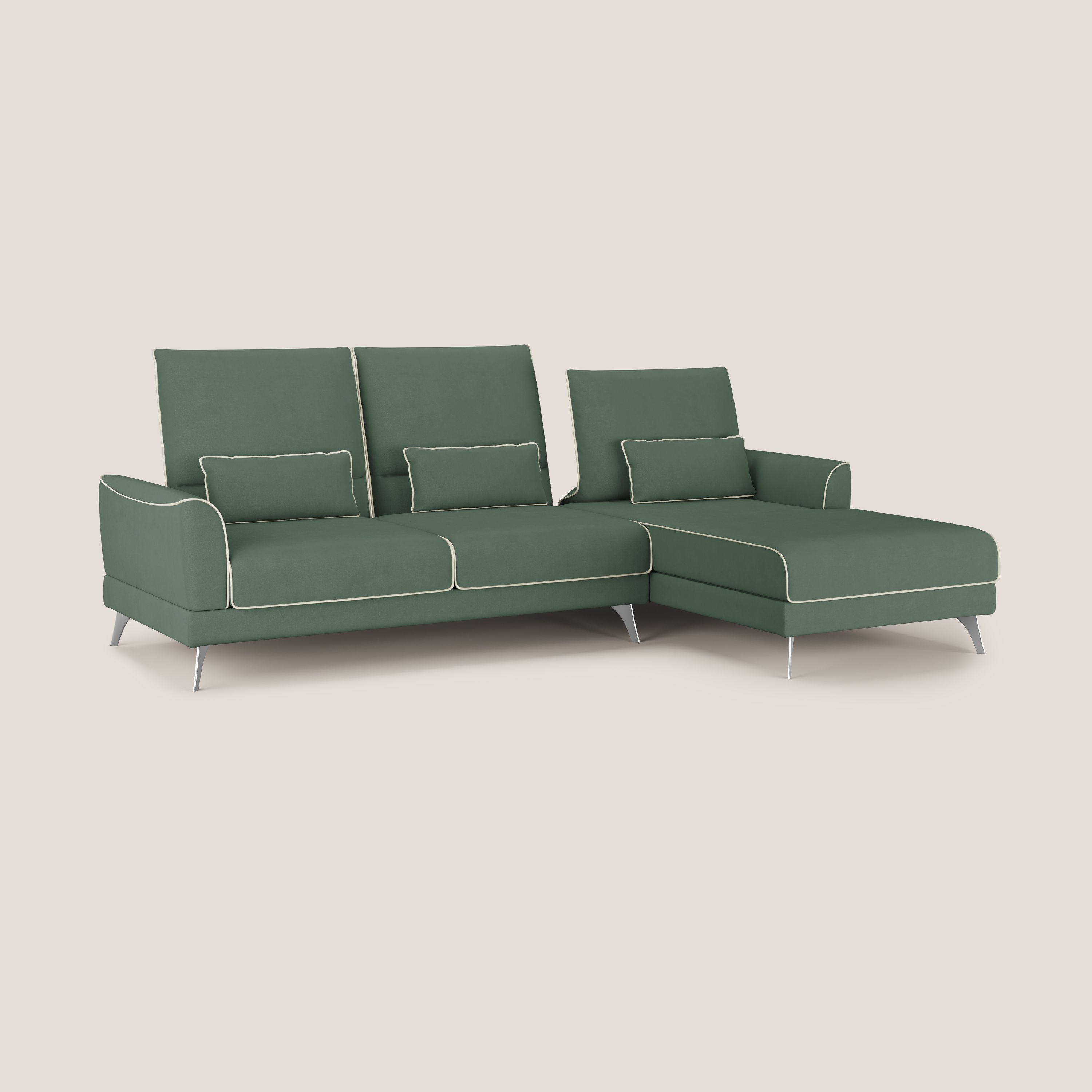 Tommy Divano angolare bicolore con relax e schienali traslanti in microfibra smacchiabile T11 verde - panna - divani.store