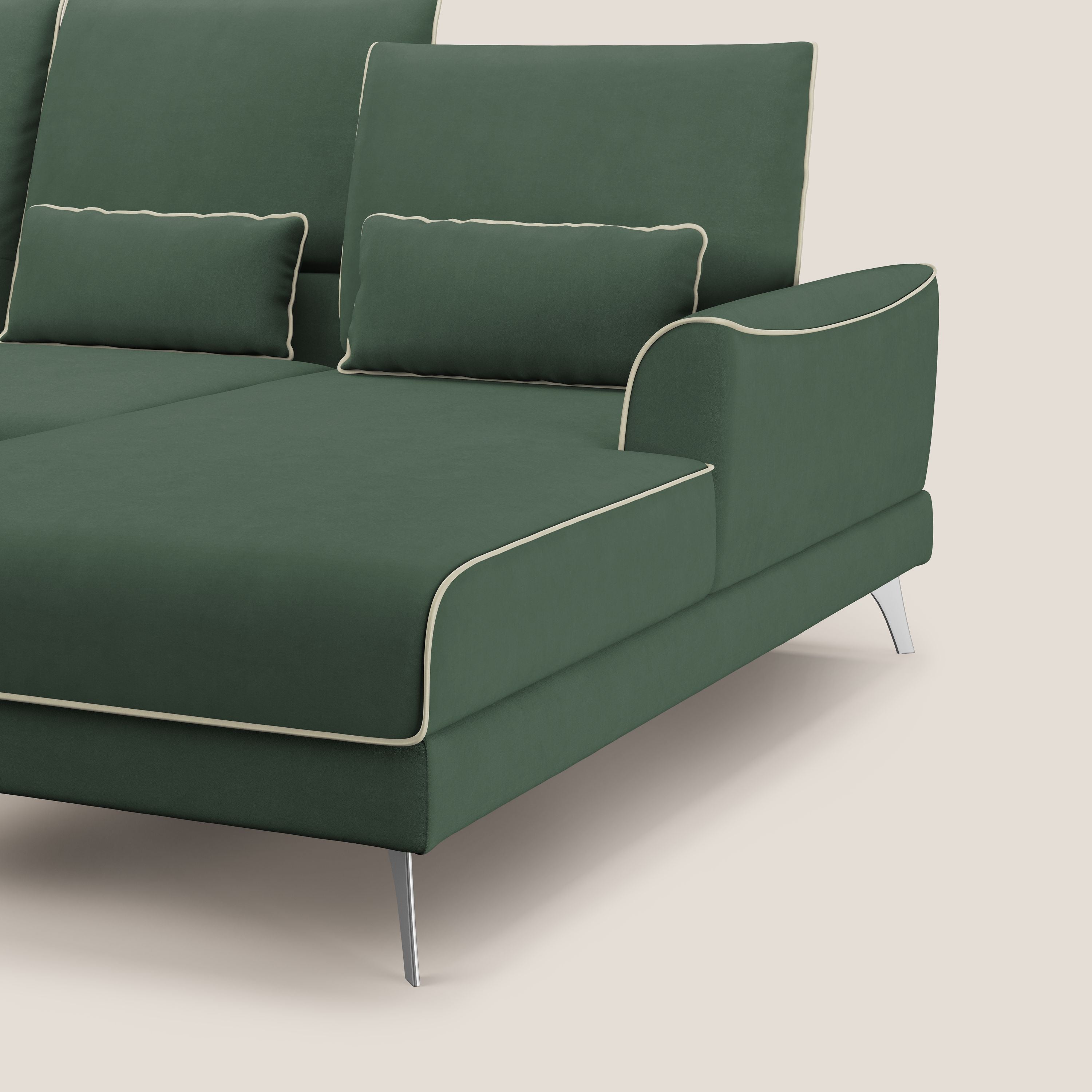 Tommy Divano angolare bicolore con relax e schienali traslanti in microfibra smacchiabile T11 verde - panna - divani.store