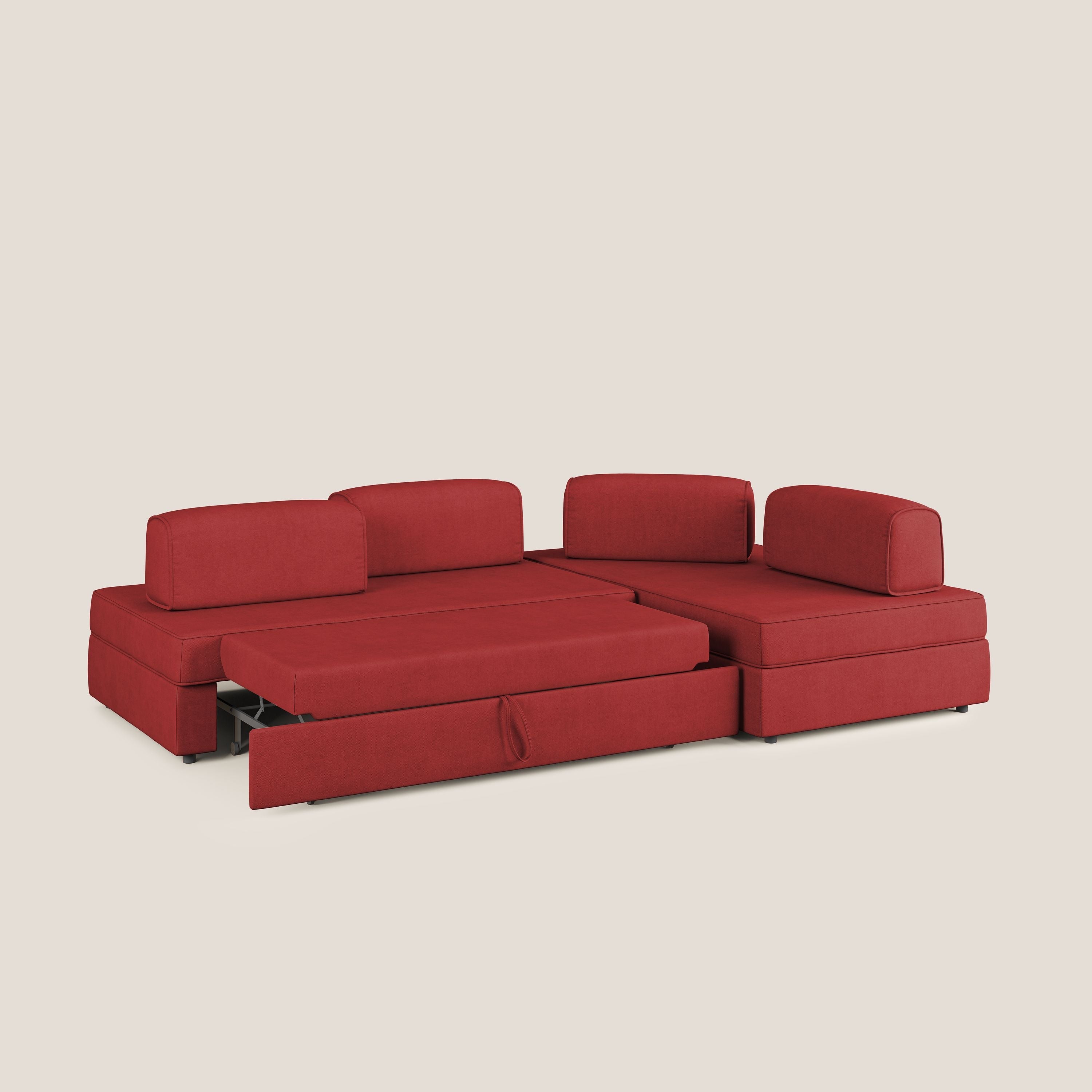 Liberty divano angolare con pouf estraibile e schienali movibili in tessuto morbido impermeabile T02 rosso - divani.store