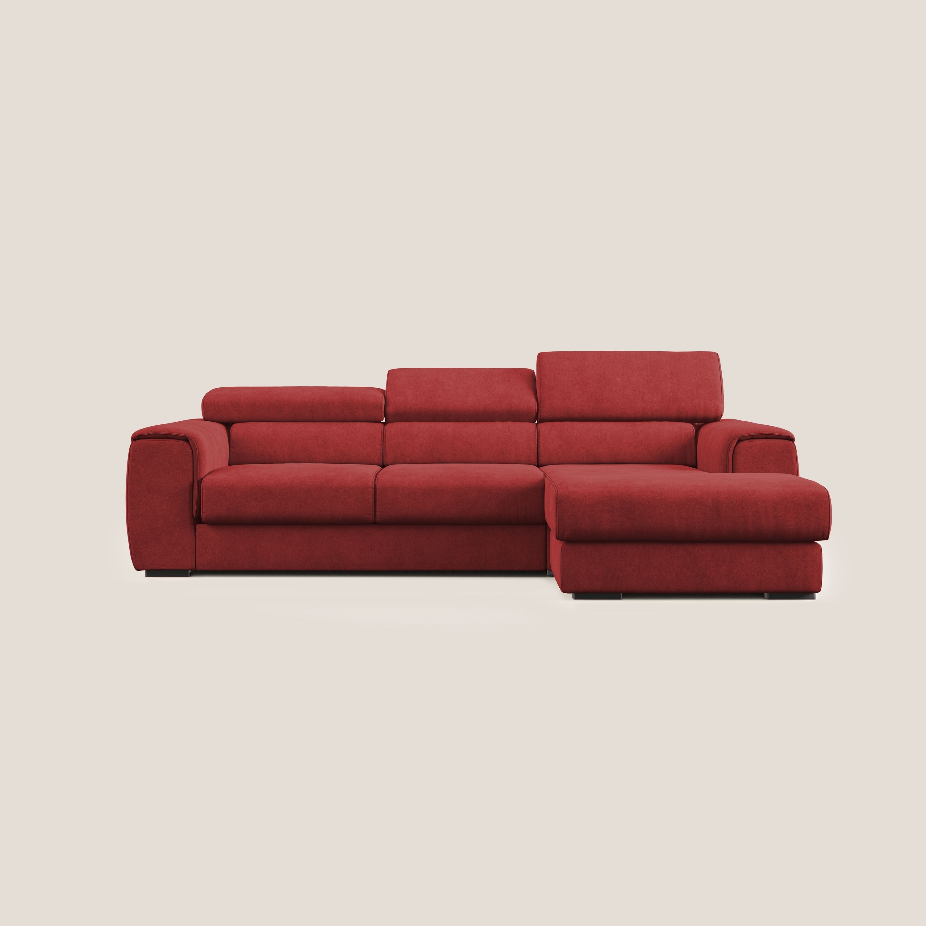 Zeno Divano angolare con pouf estraibile poggiapiedi in tessuto morbido impermeabile T02 rosso - divani.store