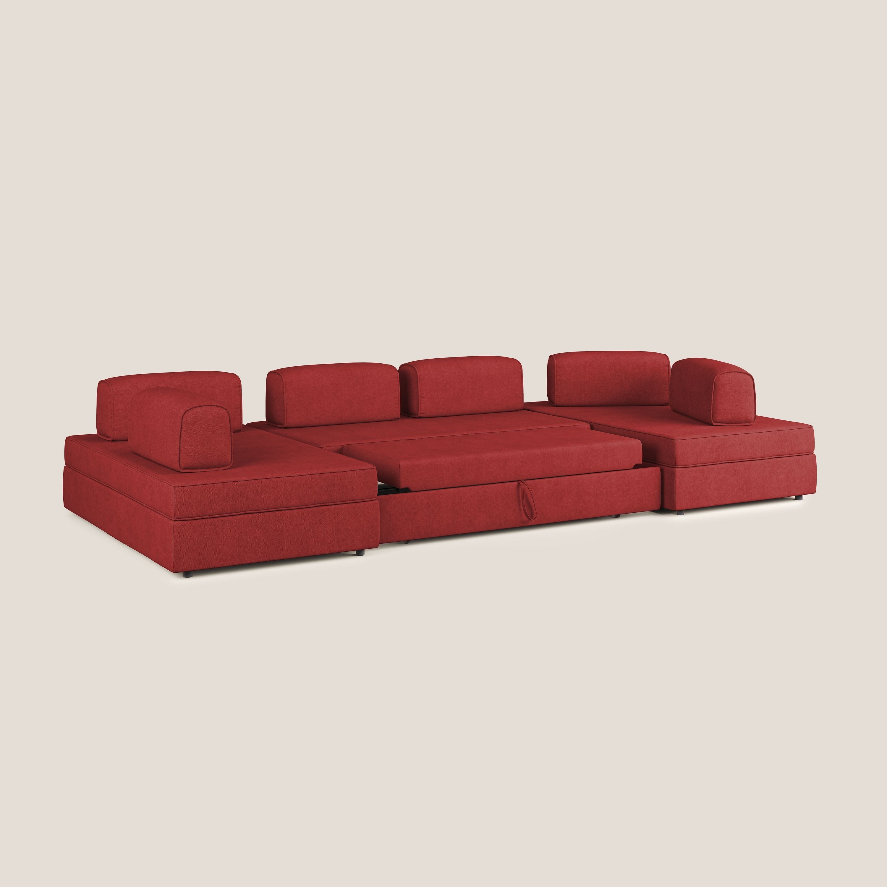 Liberty divano panoramico con pouf estraibile e schienali movibili in tessuto morbido impermeabile T02 rosso - divani.store