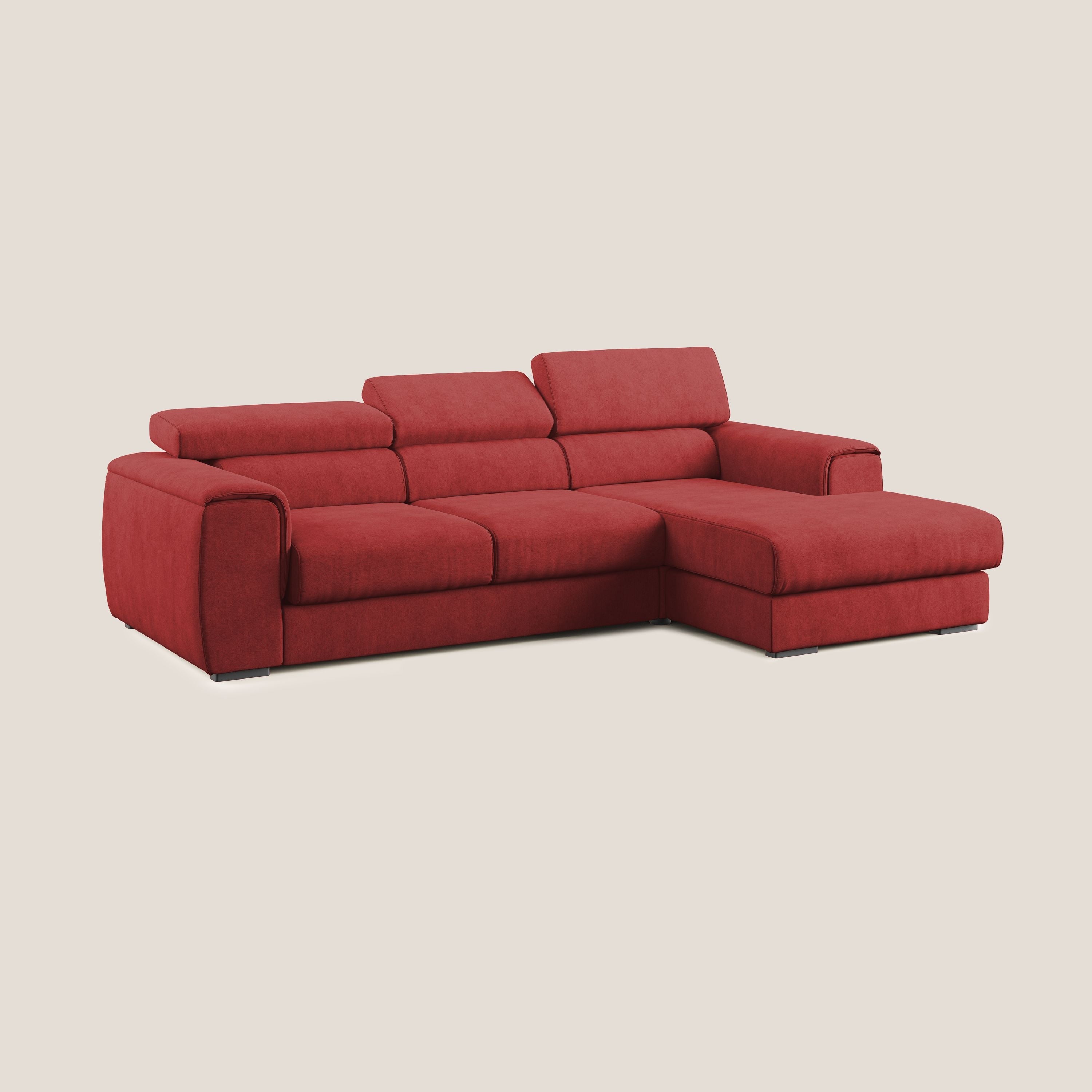 Zeno Divano angolare con pouf estraibile poggiapiedi in tessuto morbido impermeabile T02 rosso - divani.store