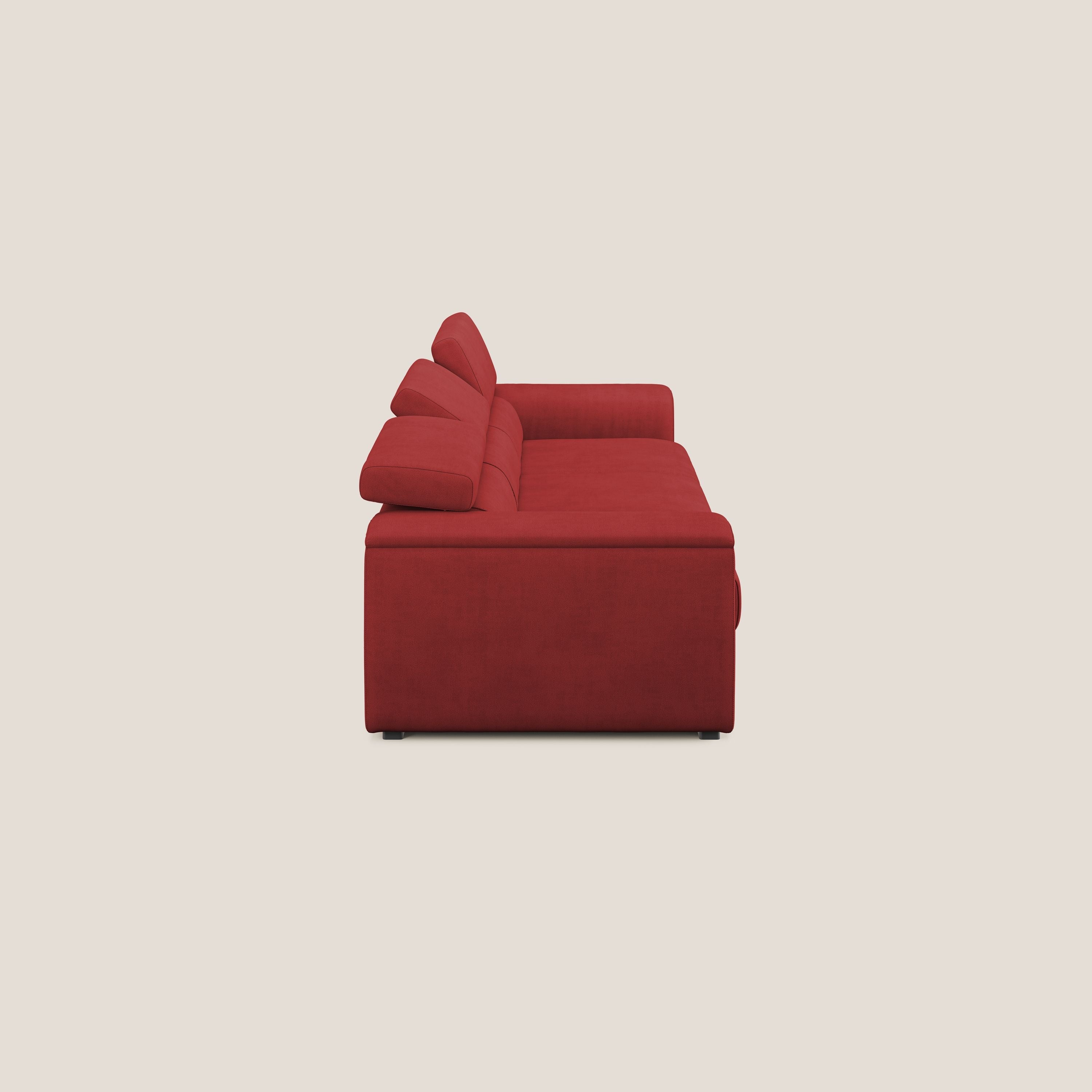 Zeno Divano con pouf estraibile poggiapiedi a 3 sedute in tessuto morbido impermeabile T02 rosso - divani.store