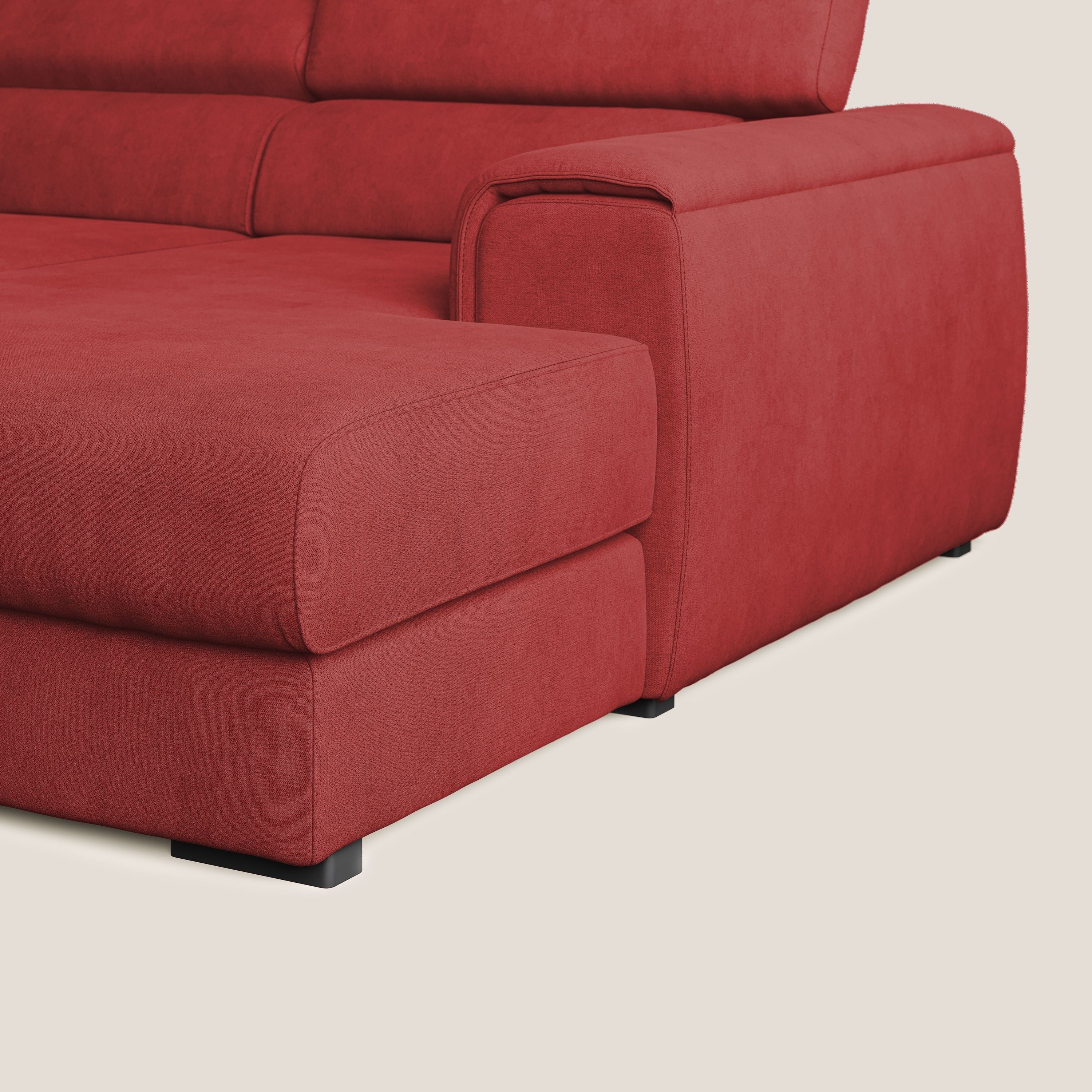 Zeno Divano angolare con pouf estraibile poggiapiedi in tessuto morbido impermeabile T02 rosso - divani.store