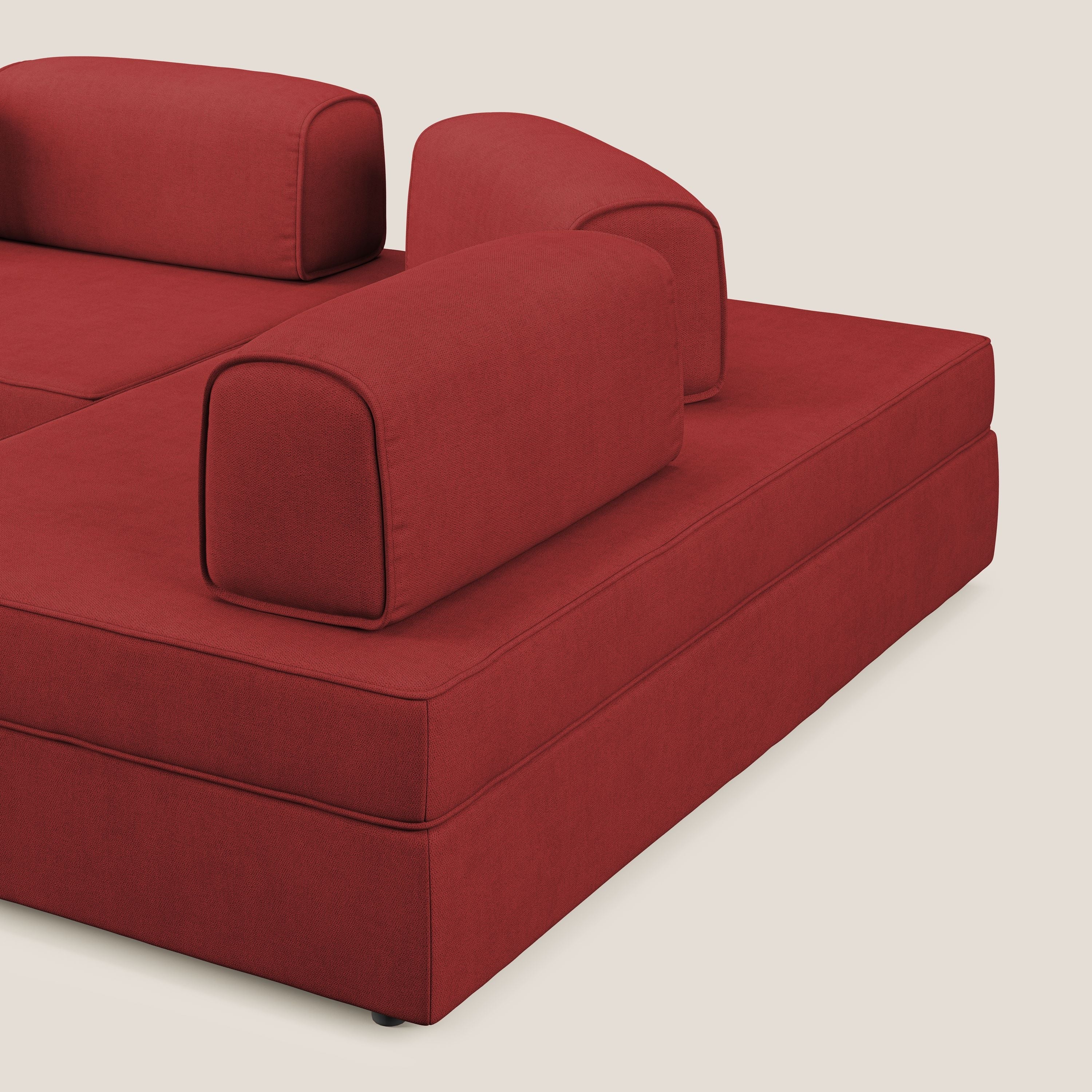 Liberty divano angolare con pouf estraibile e schienali movibili in tessuto morbido impermeabile T02 rosso - divani.store