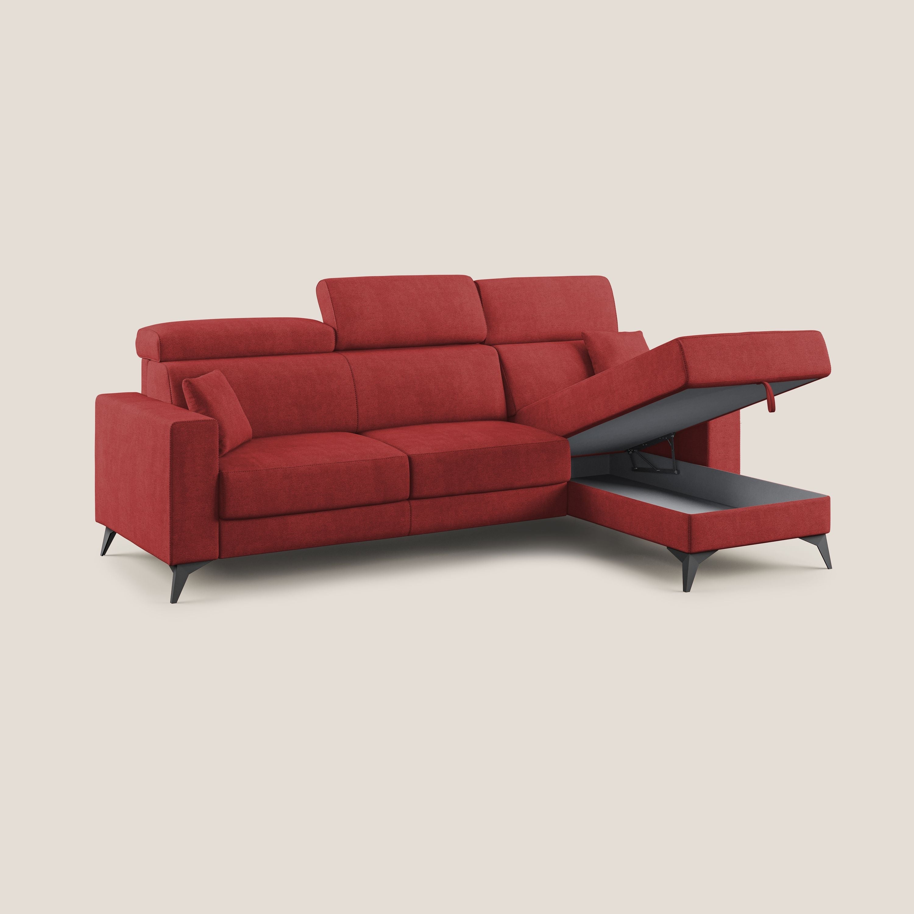 Pegaso divano letto angolare con poggiatesta reclinabili e rivestimento impermeabile T02 rosso - divani.store