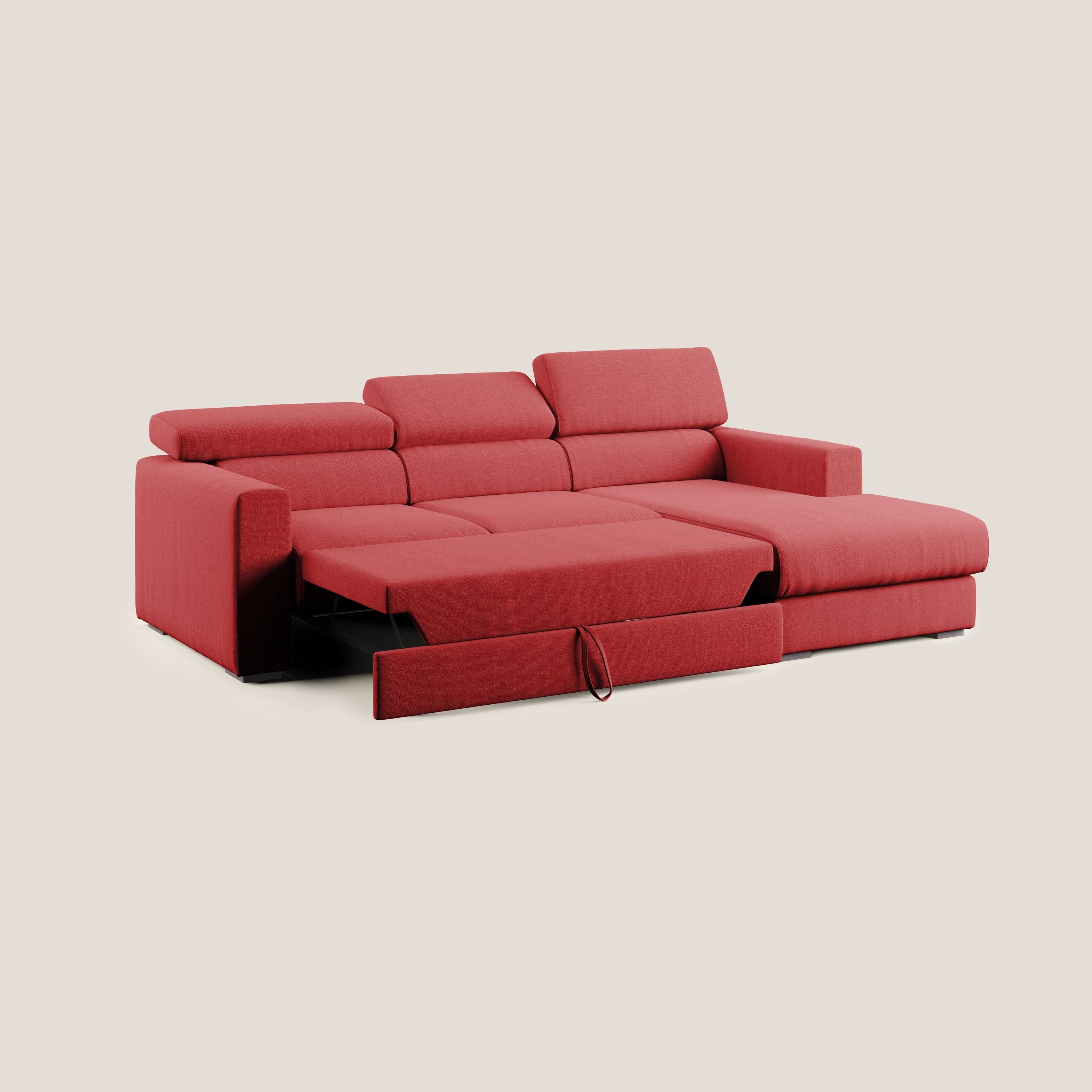 Dylan divano angolare con pouf estraibile poggiapiedi in tessuto simil cotone impermeabile T13 rosso - divani.store