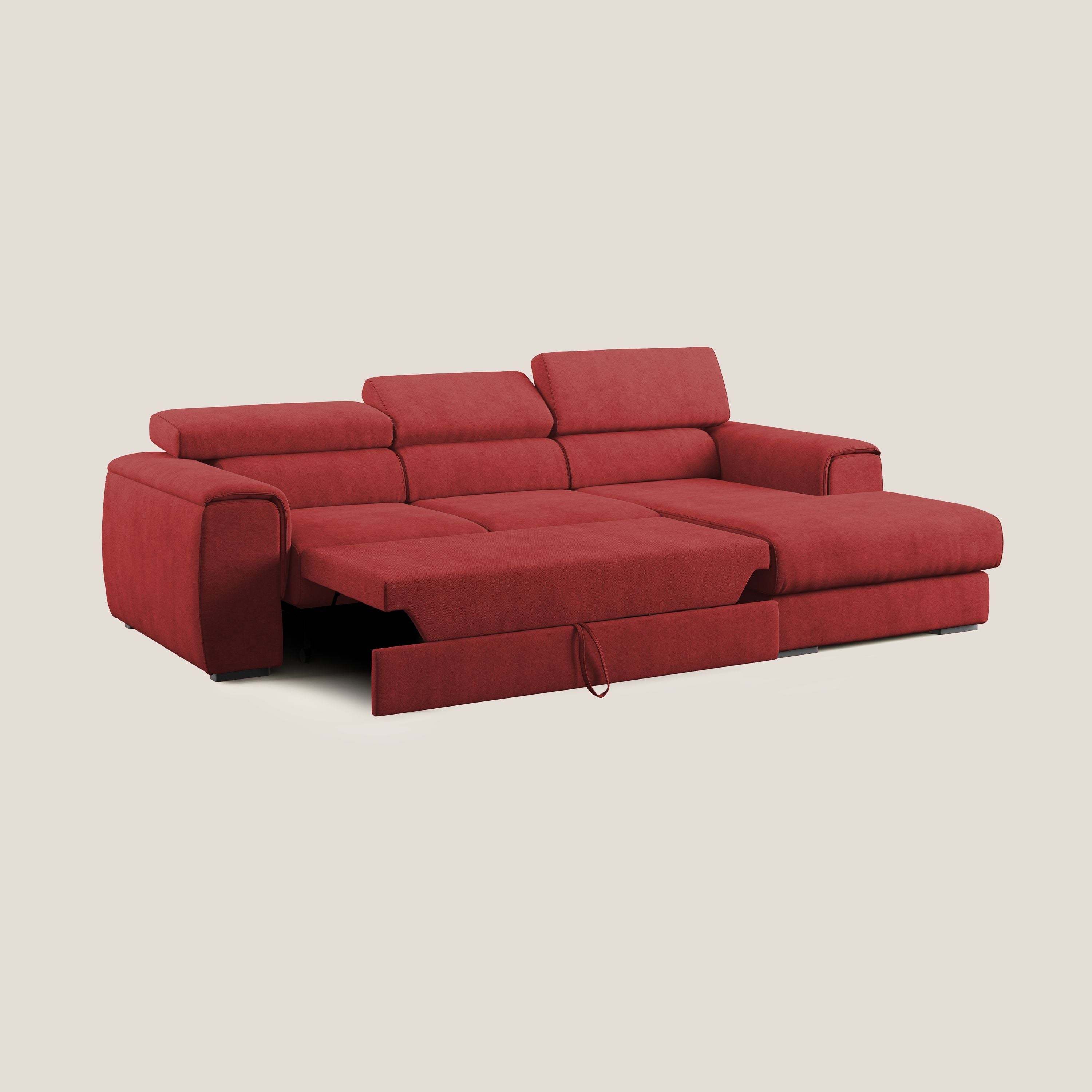 Zeno Divano angolare con pouf estraibile poggiapiedi in tessuto morbido impermeabile T02 rosso - divani.store