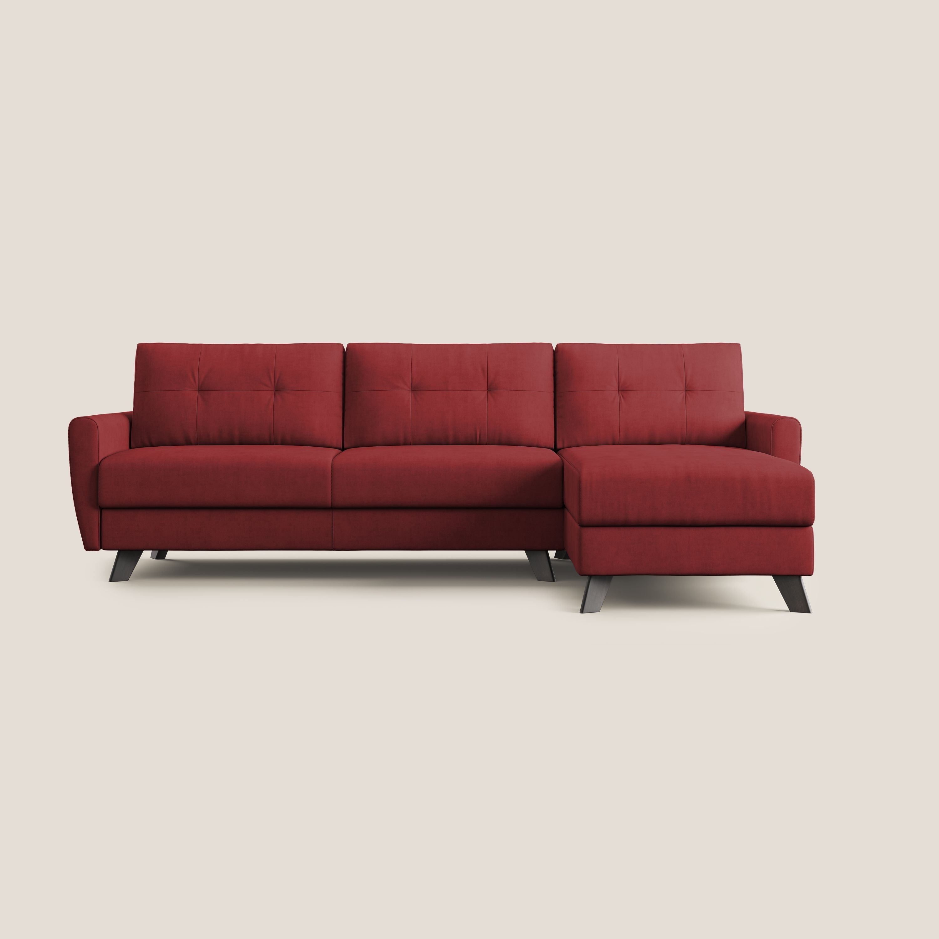 Callisto Divano letto angolare con penisola in tessuto morbido impermeabile T02 rosso - divani.store