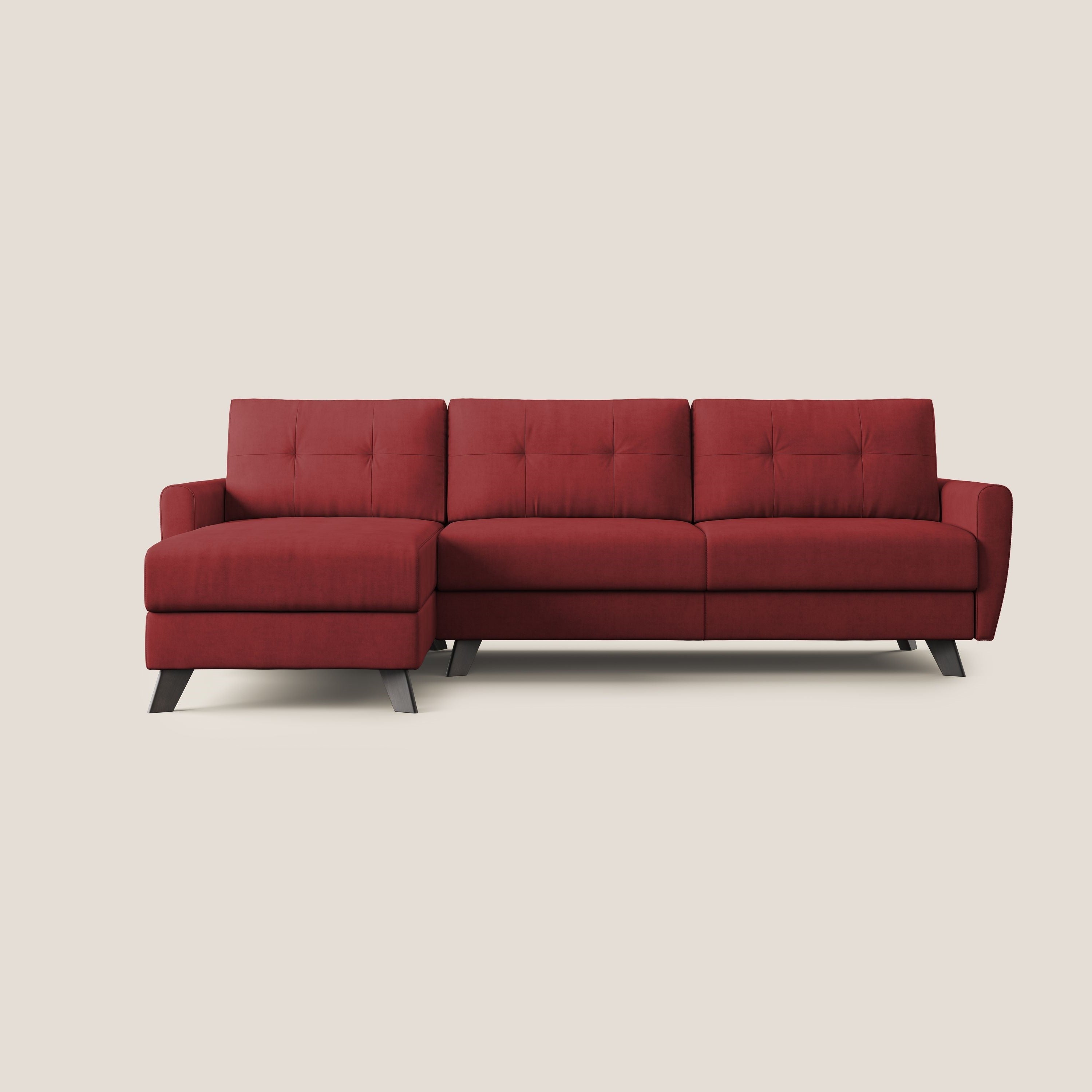 Callisto Divano letto angolare con penisola in tessuto morbido impermeabile T02 rosso - divani.store