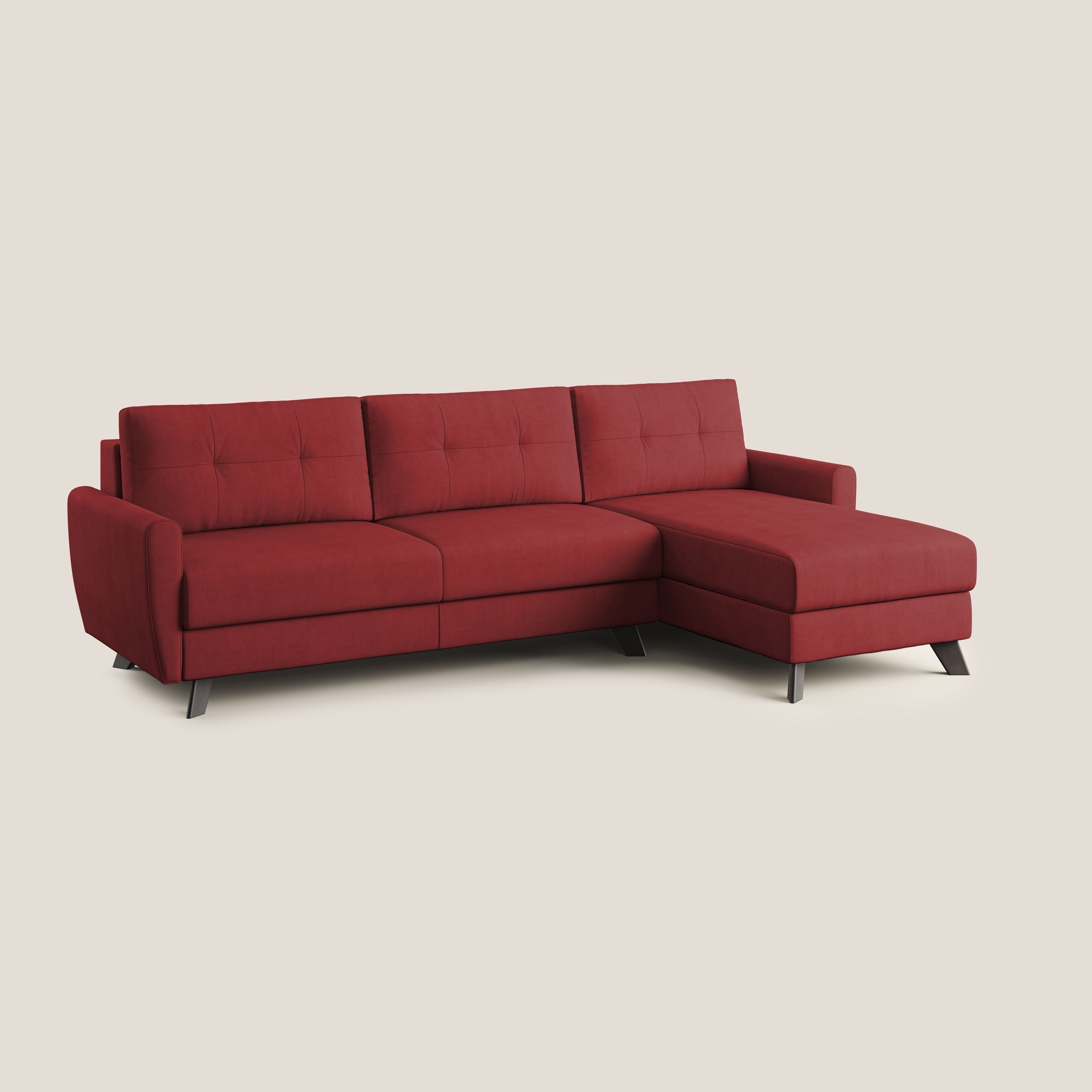 Callisto Divano letto angolare con penisola in tessuto morbido impermeabile T02 rosso - divani.store
