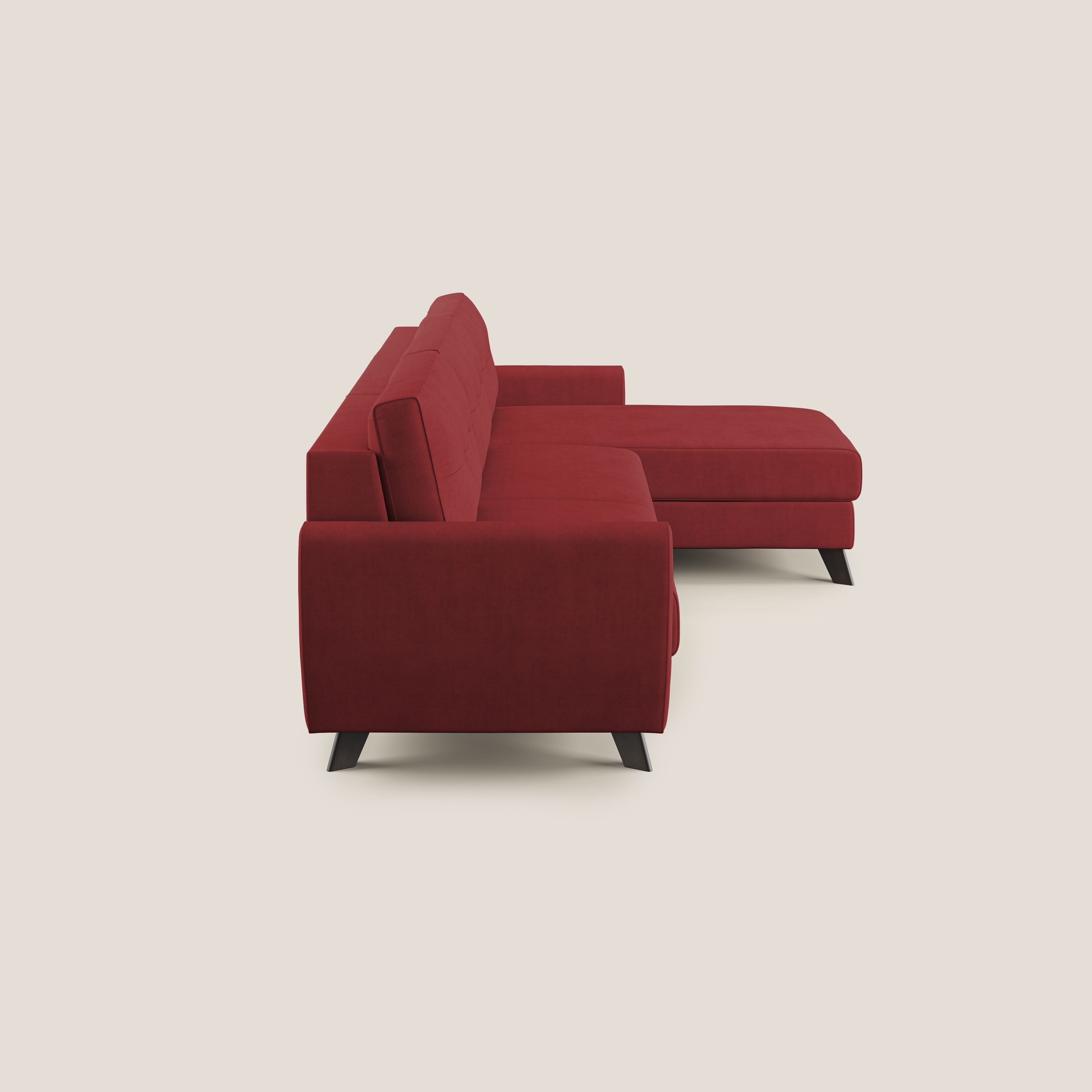 Callisto Divano letto angolare con penisola in tessuto morbido impermeabile T02 rosso - divani.store