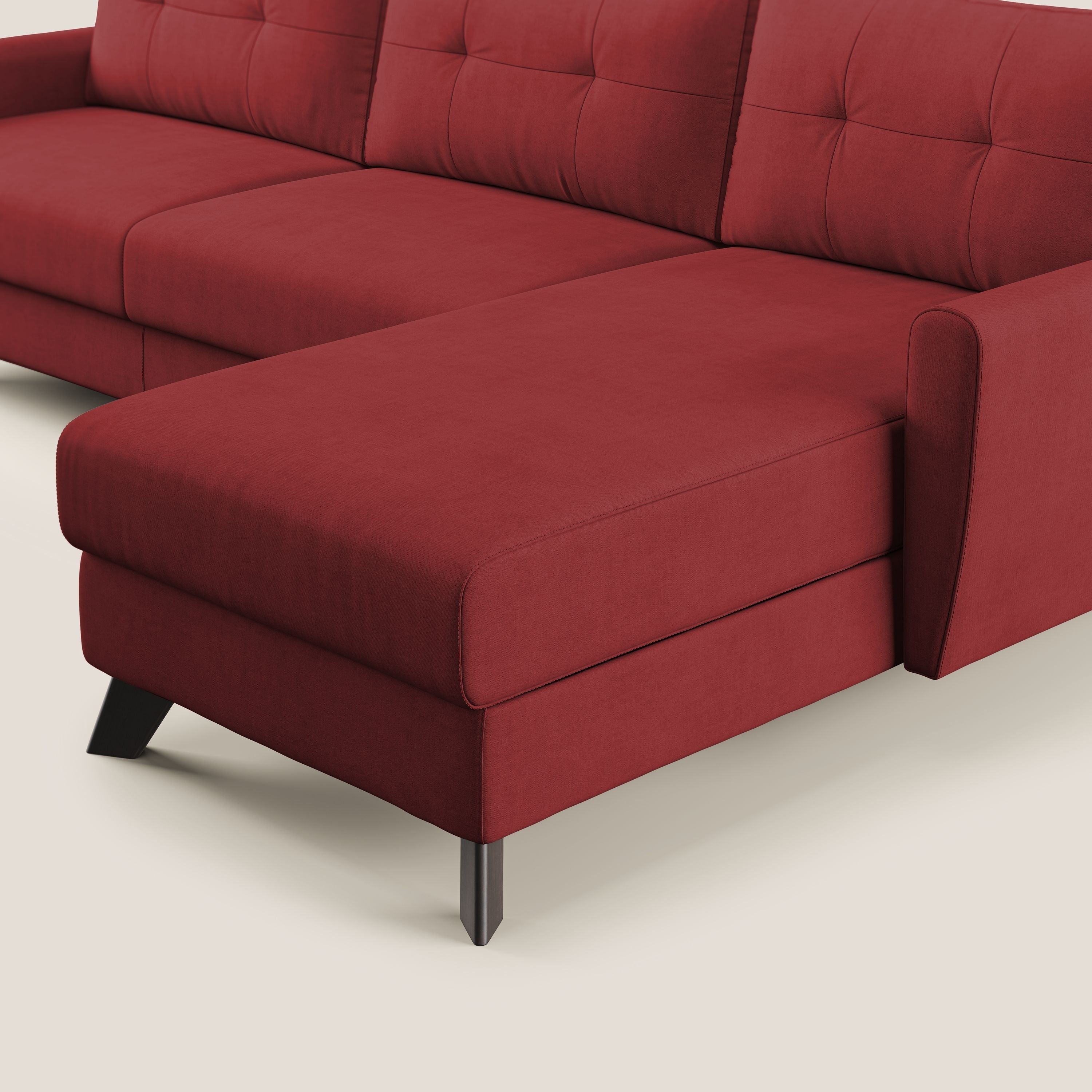 Callisto Divano letto angolare con penisola in tessuto morbido impermeabile T02 rosso - divani.store