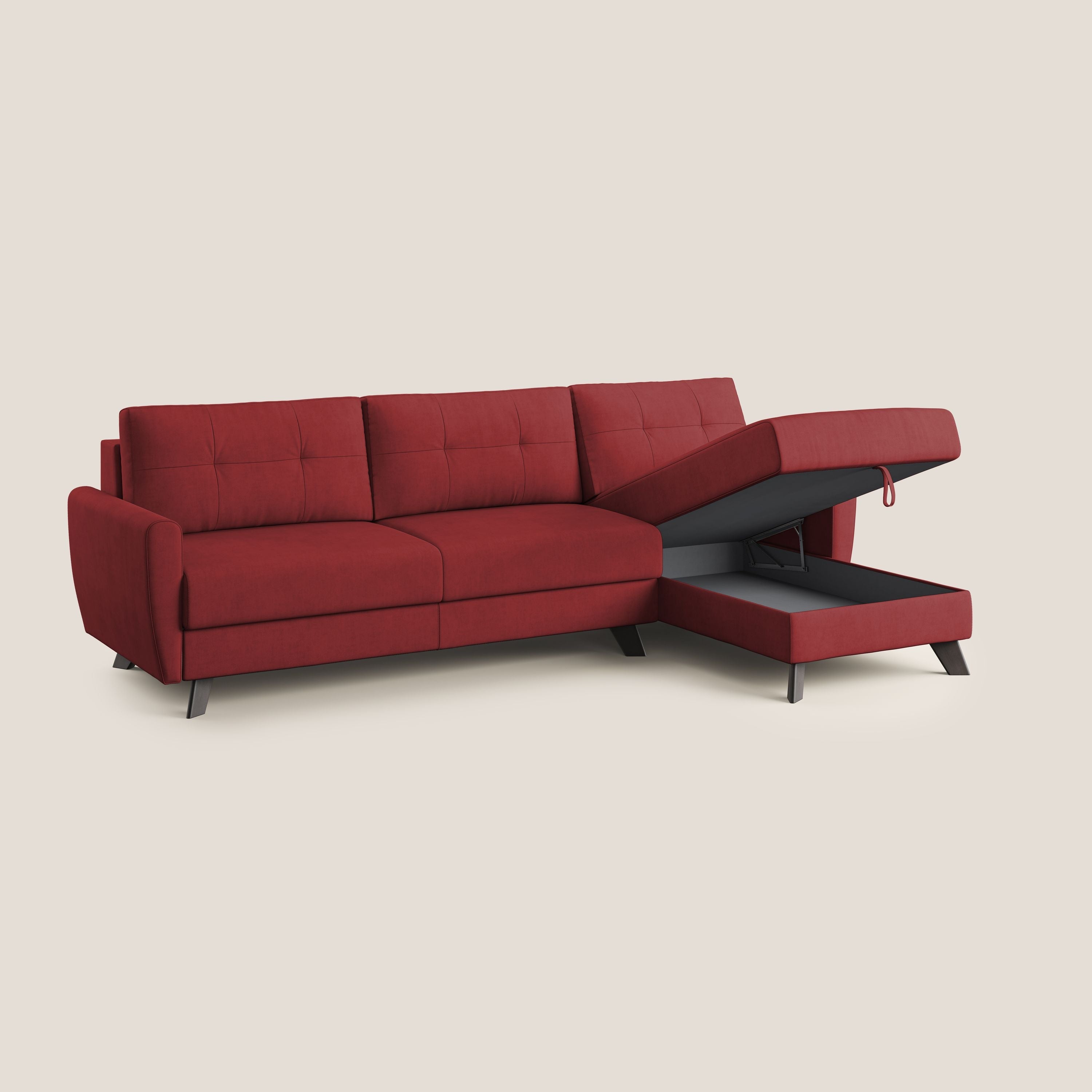 Callisto Divano letto angolare con penisola in tessuto morbido impermeabile T02 rosso - divani.store