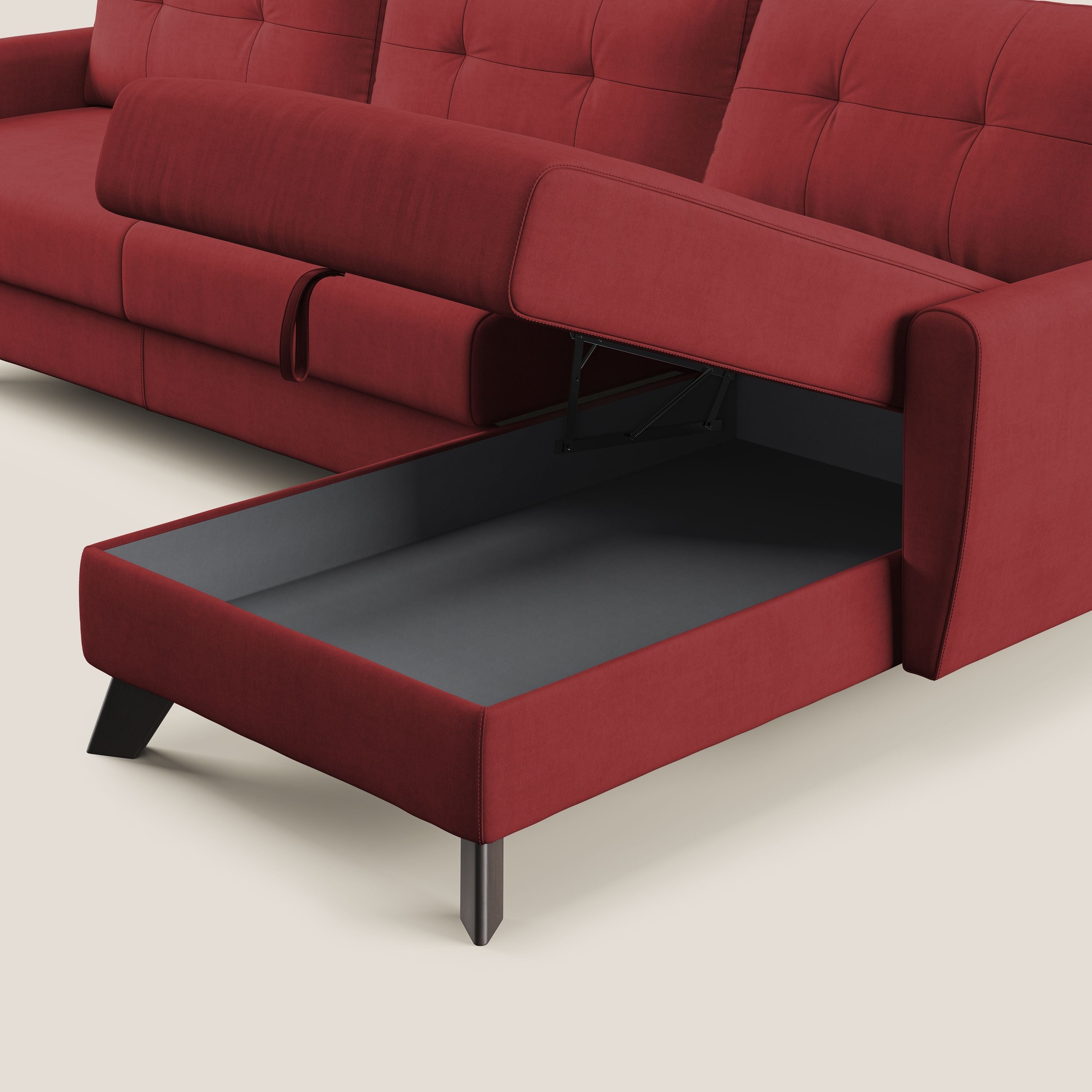 Callisto Divano letto angolare con penisola in tessuto morbido impermeabile T02 rosso - divani.store