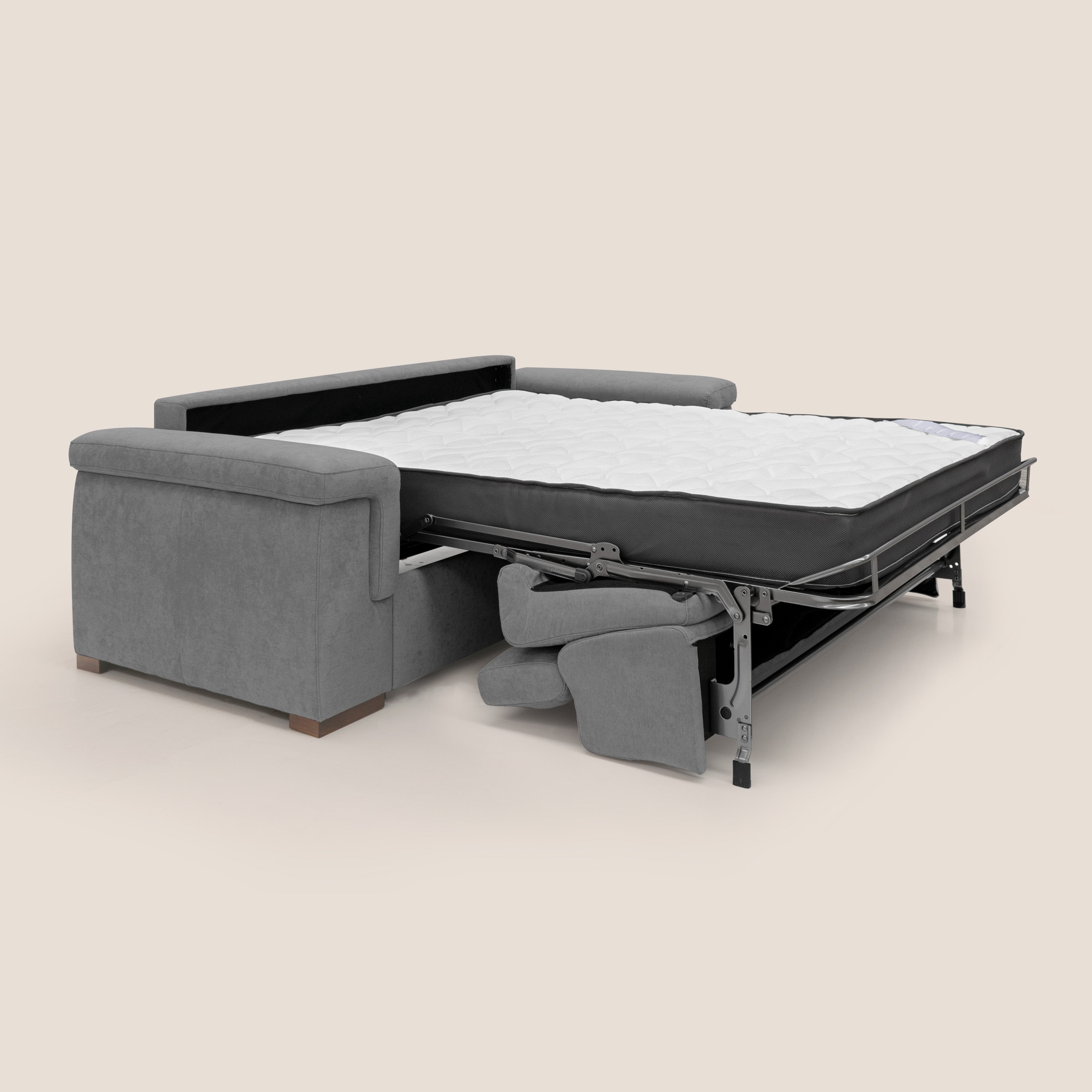 Giunone divano letto con materasso alto 18 cm e poggiatesta reclinabili in tessuto impermeabile T02 grigio - divani.store