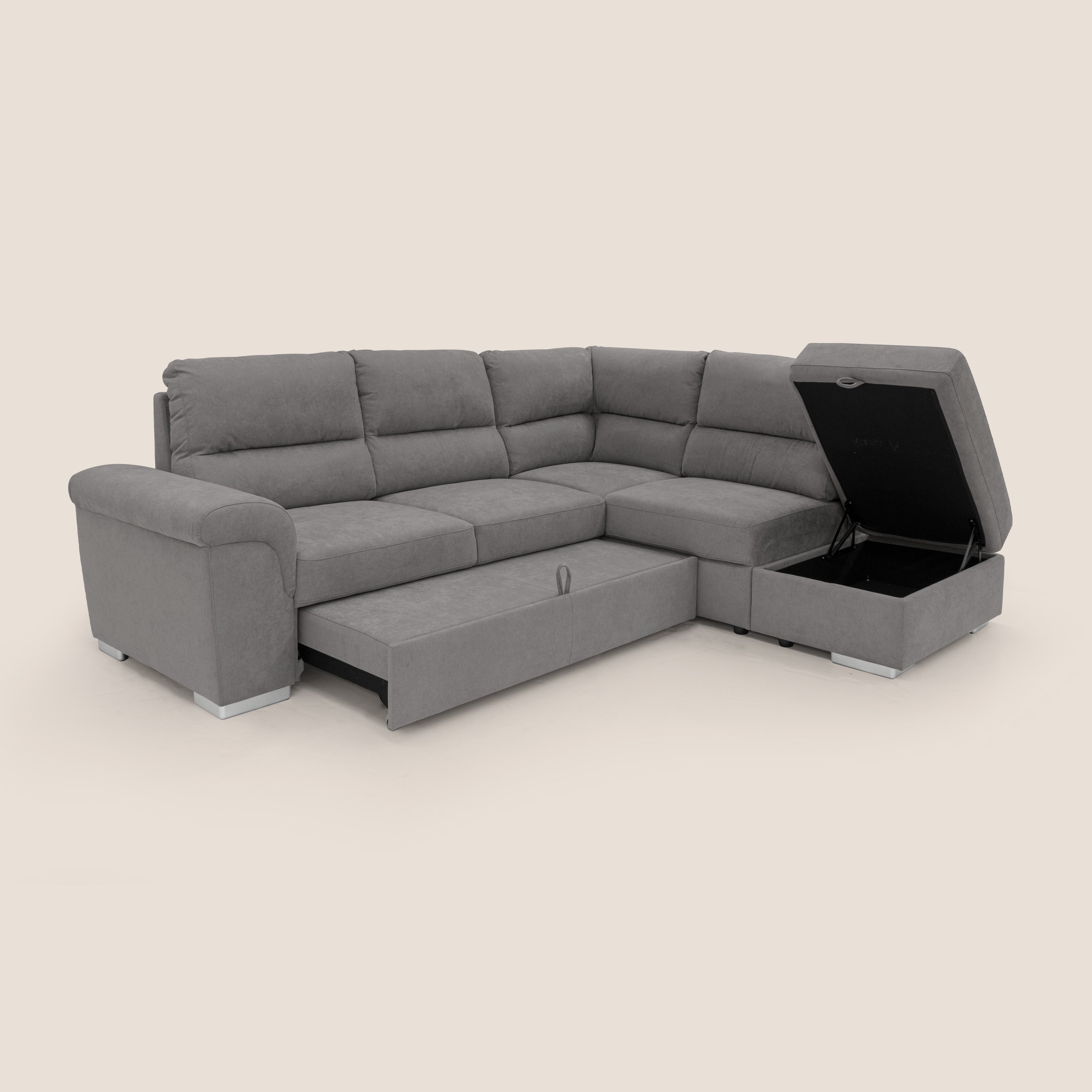 Minerva divano angolare con estraibile a cassettone e pouf contenitore in tessuto morbido impermeabile T02 grigio - divani.store