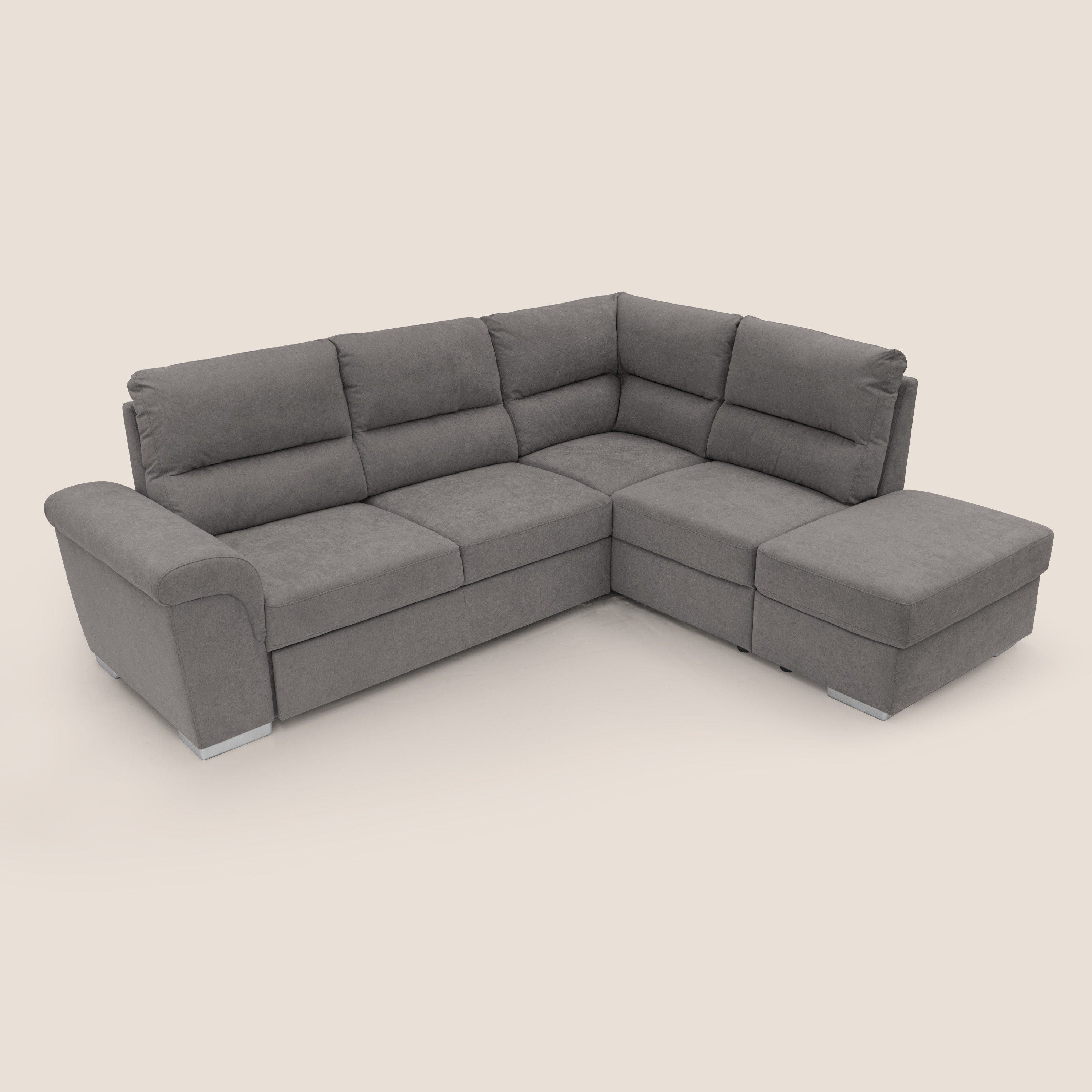 Minerva divano angolare con estraibile a cassettone e pouf contenitore in tessuto morbido impermeabile T02 grigio - divani.store