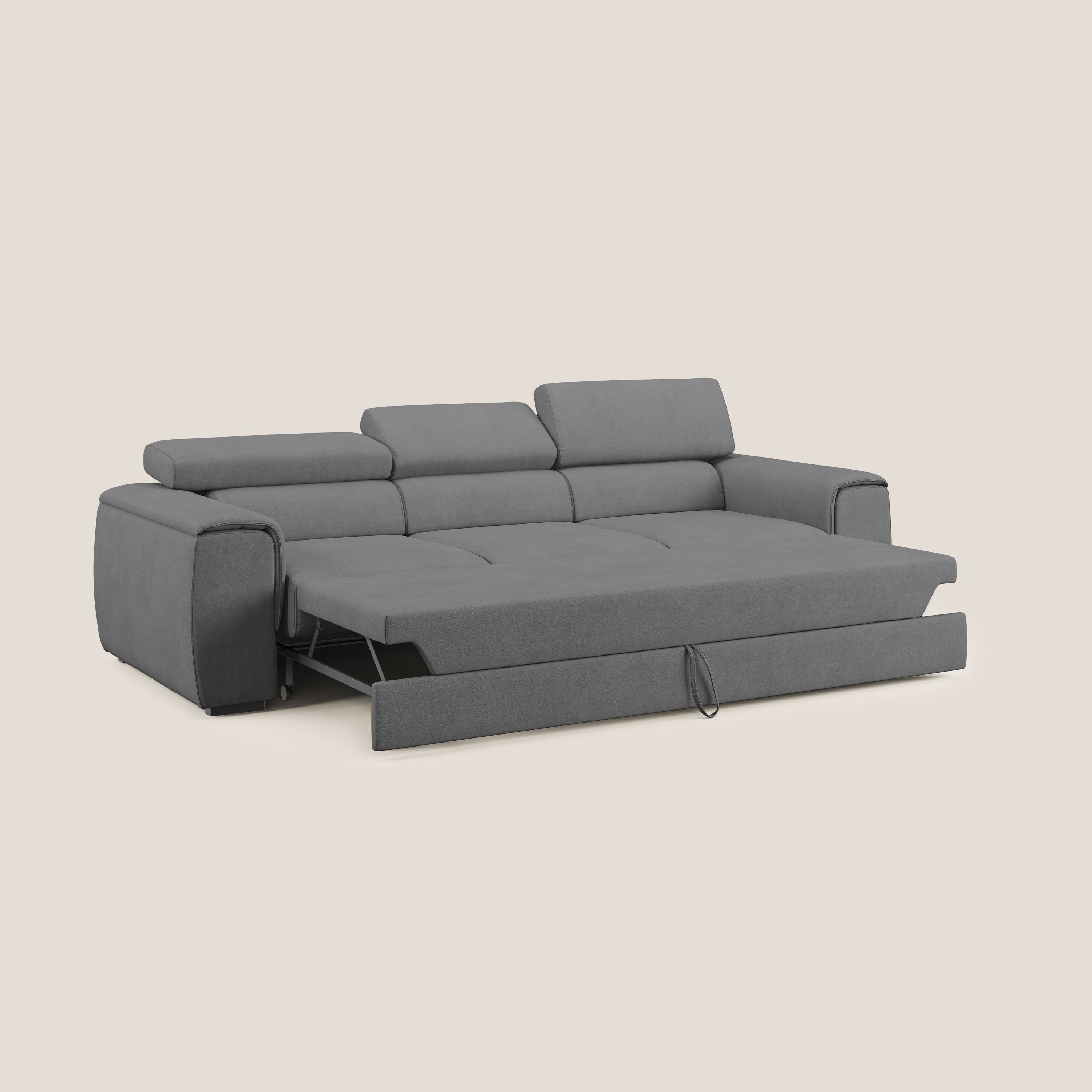 Zeno Divano con pouf estraibile poggiapiedi a 3 sedute in tessuto morbido impermeabile T02 grigio - divani.store