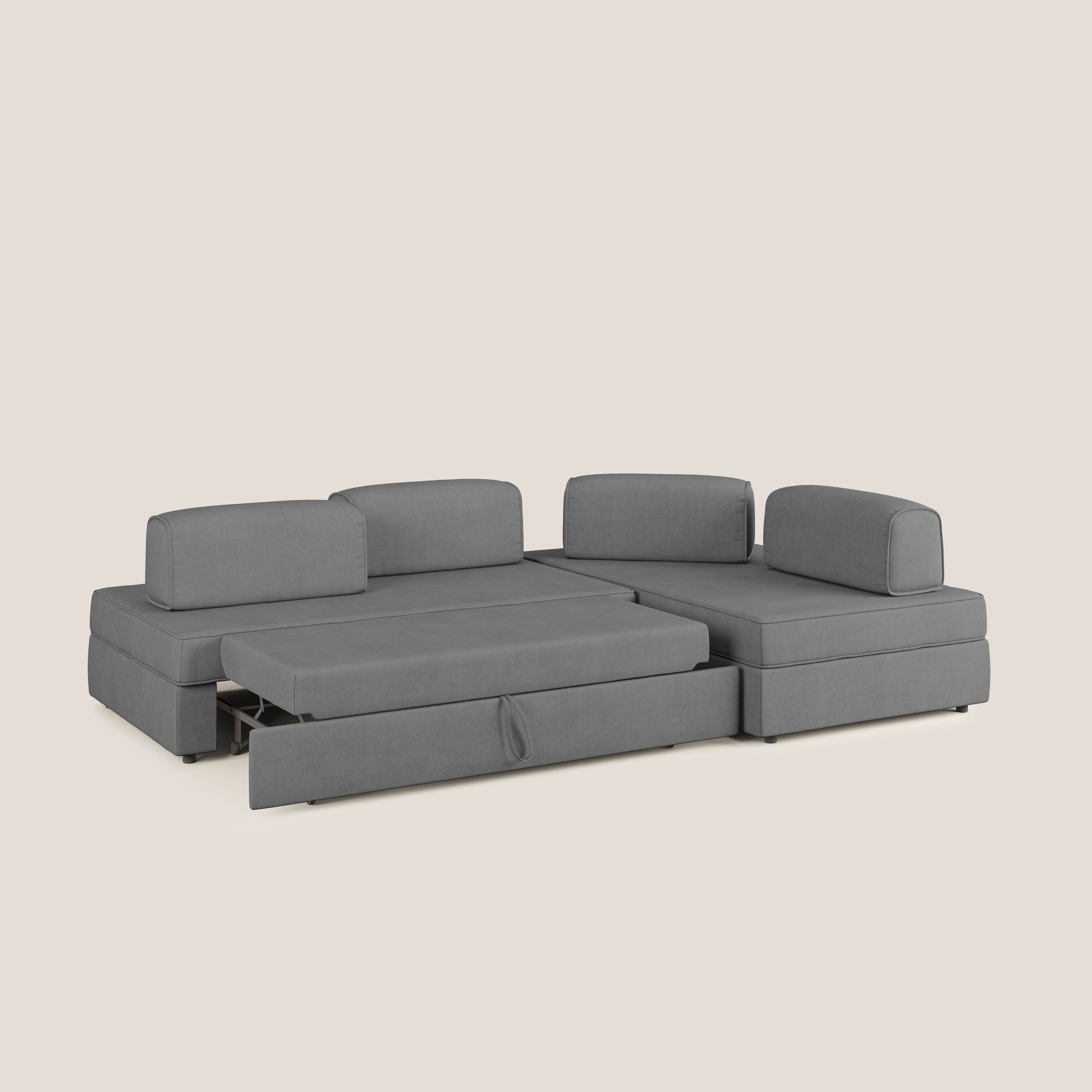 Liberty divano angolare con pouf estraibile e schienali movibili in tessuto morbido impermeabile T02 grigio - divani.store
