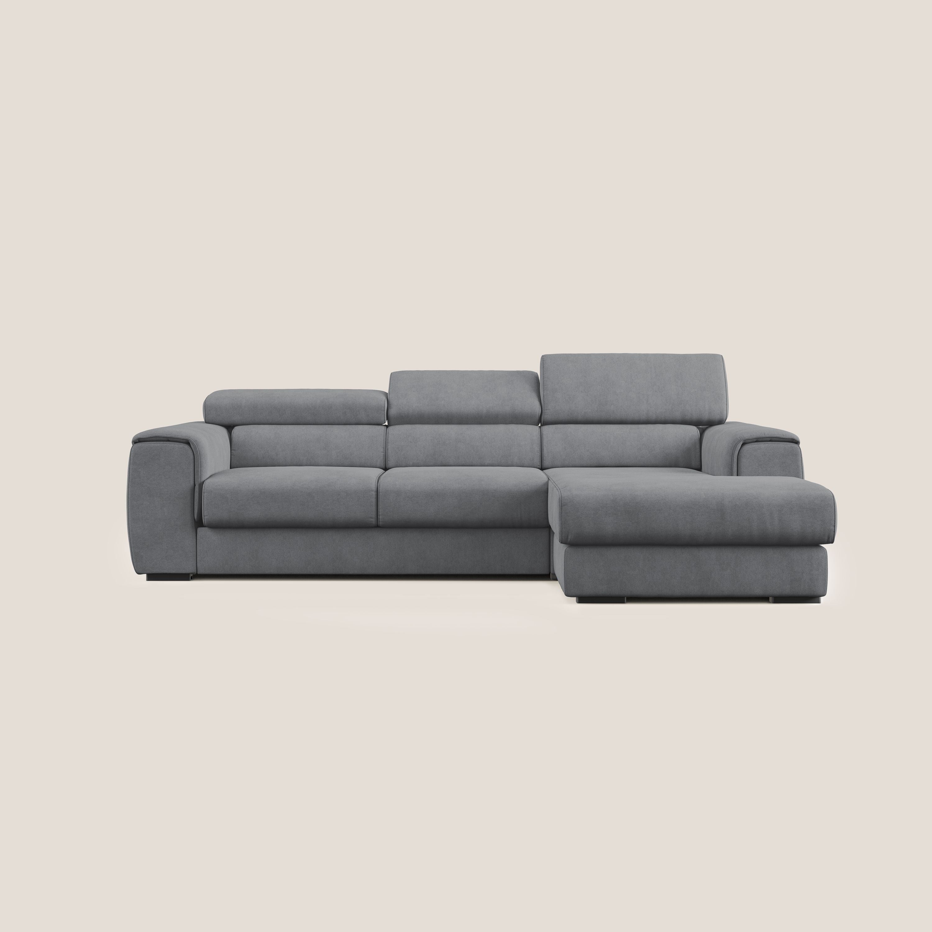 Zeno Divano angolare con pouf estraibile poggiapiedi in tessuto morbido impermeabile T02 grigio - divani.store