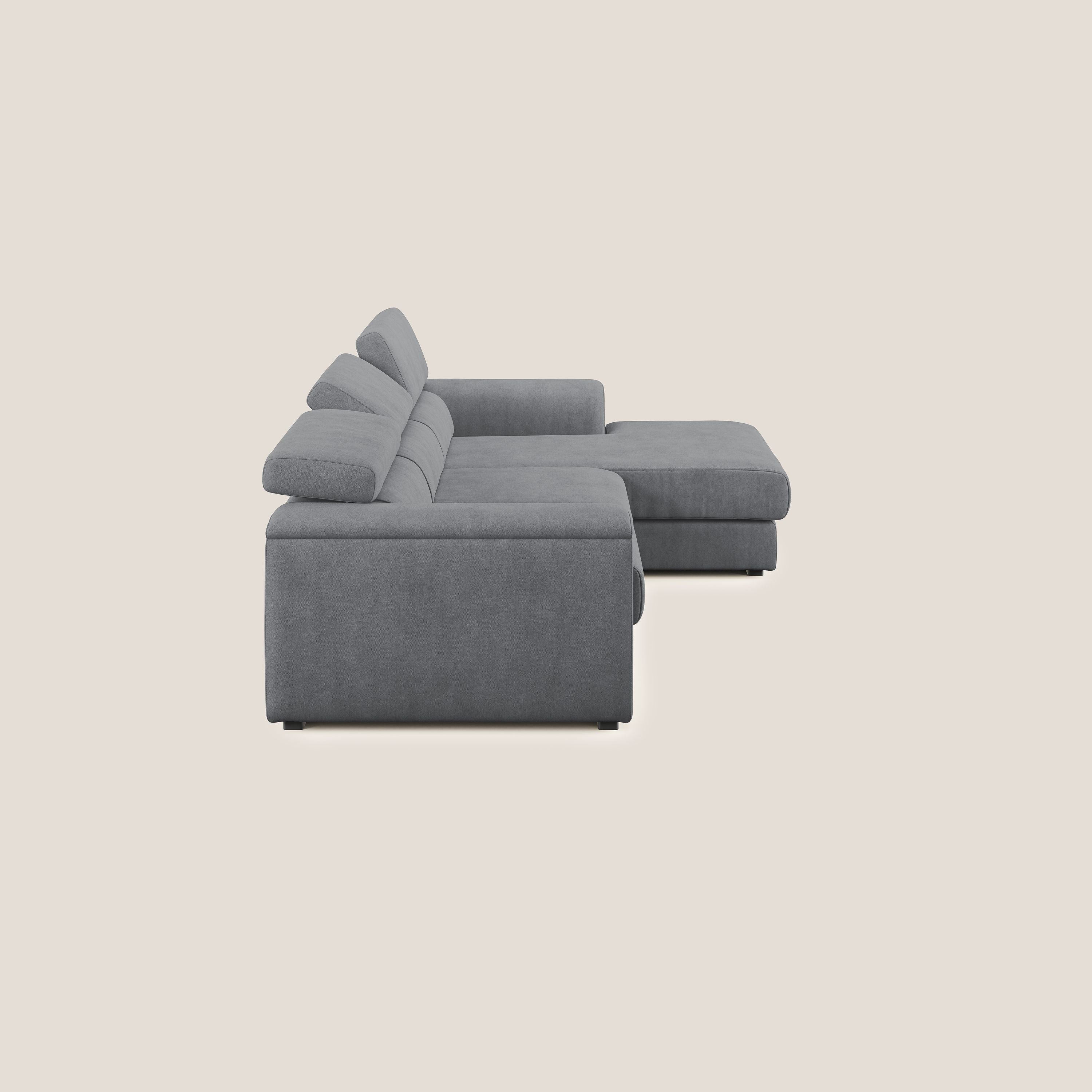 Zeno Divano angolare con pouf estraibile poggiapiedi in tessuto morbido impermeabile T02 grigio - divani.store