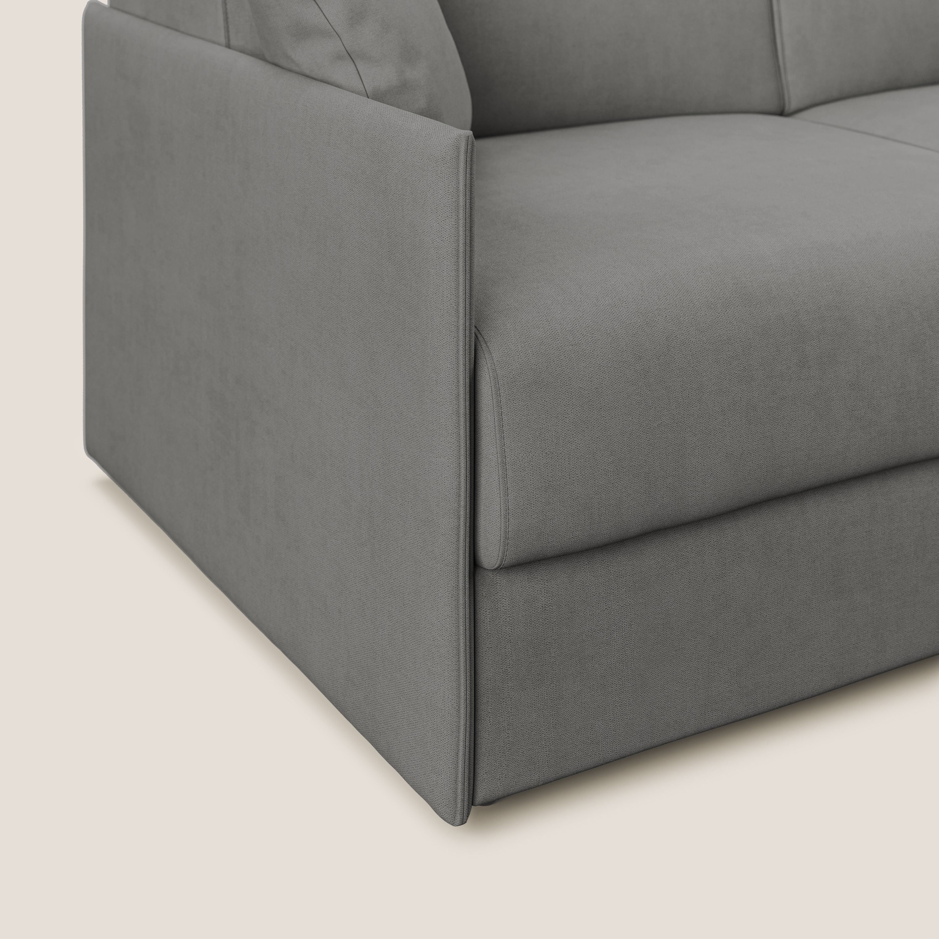 Evans Divano letto angolare con penisola in morbido tessuto impermeabile T02 grigio - divani.store