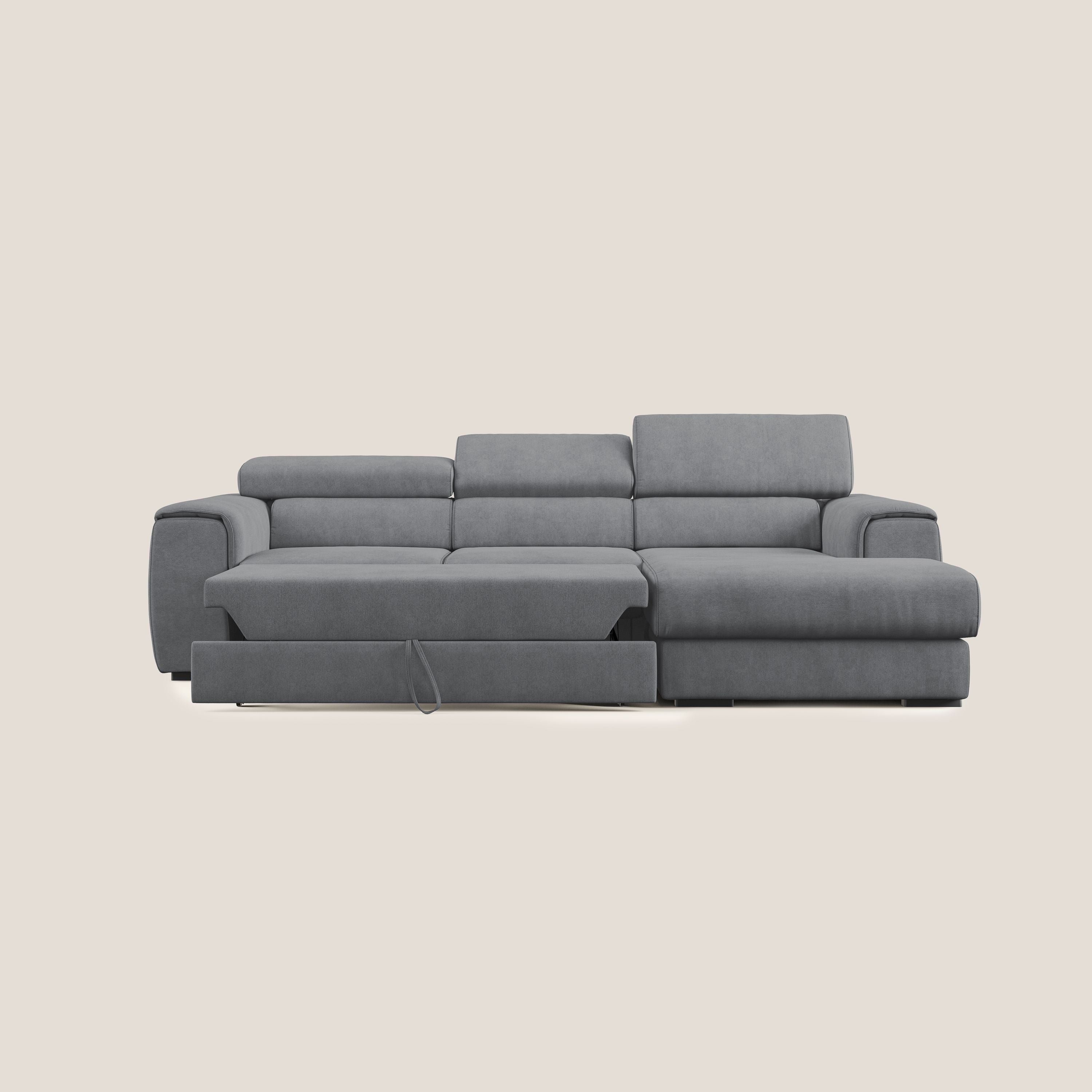 Zeno Divano angolare con pouf estraibile poggiapiedi in tessuto morbido impermeabile T02 grigio - divani.store