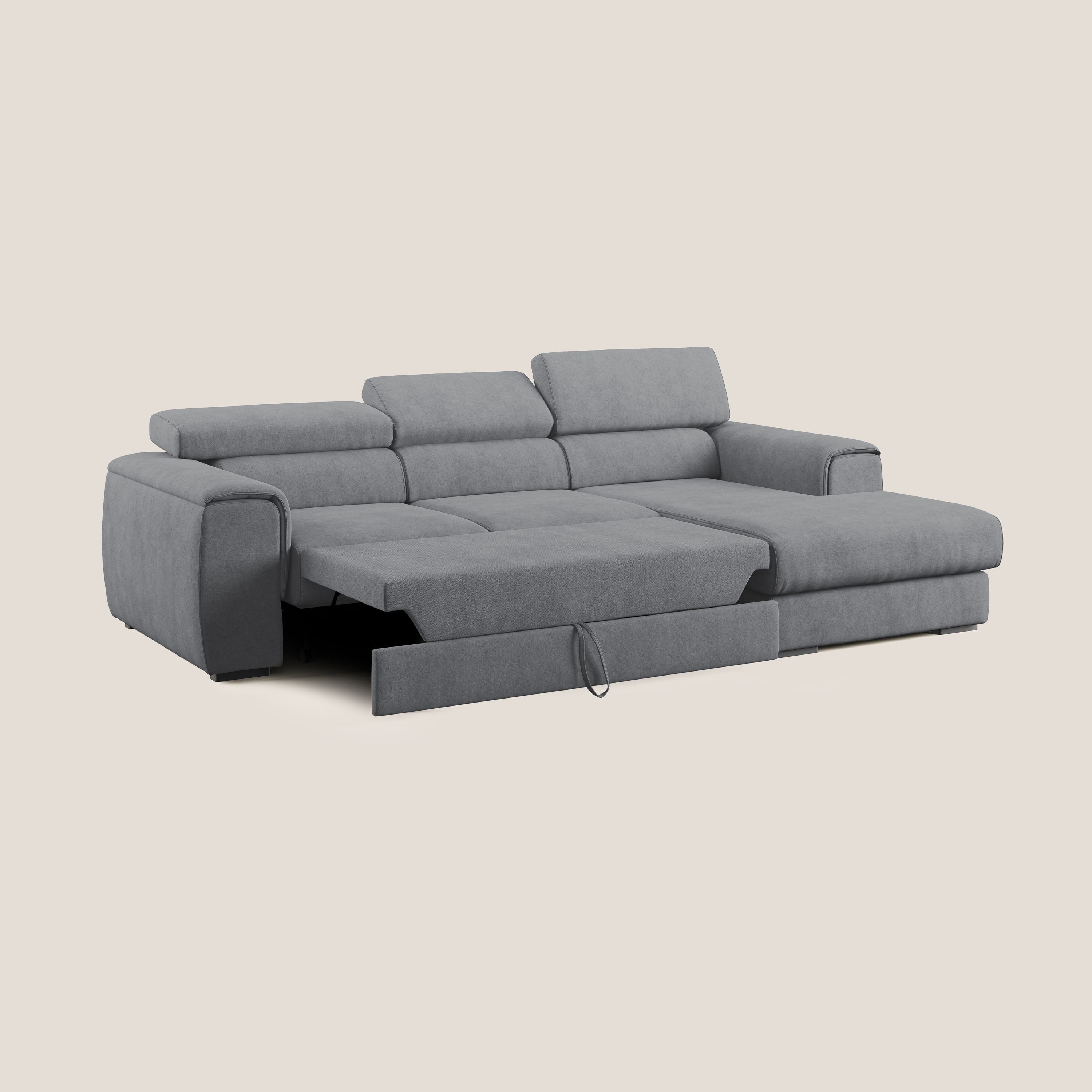 Zeno Divano angolare con pouf estraibile poggiapiedi in tessuto morbido impermeabile T02 grigio - divani.store
