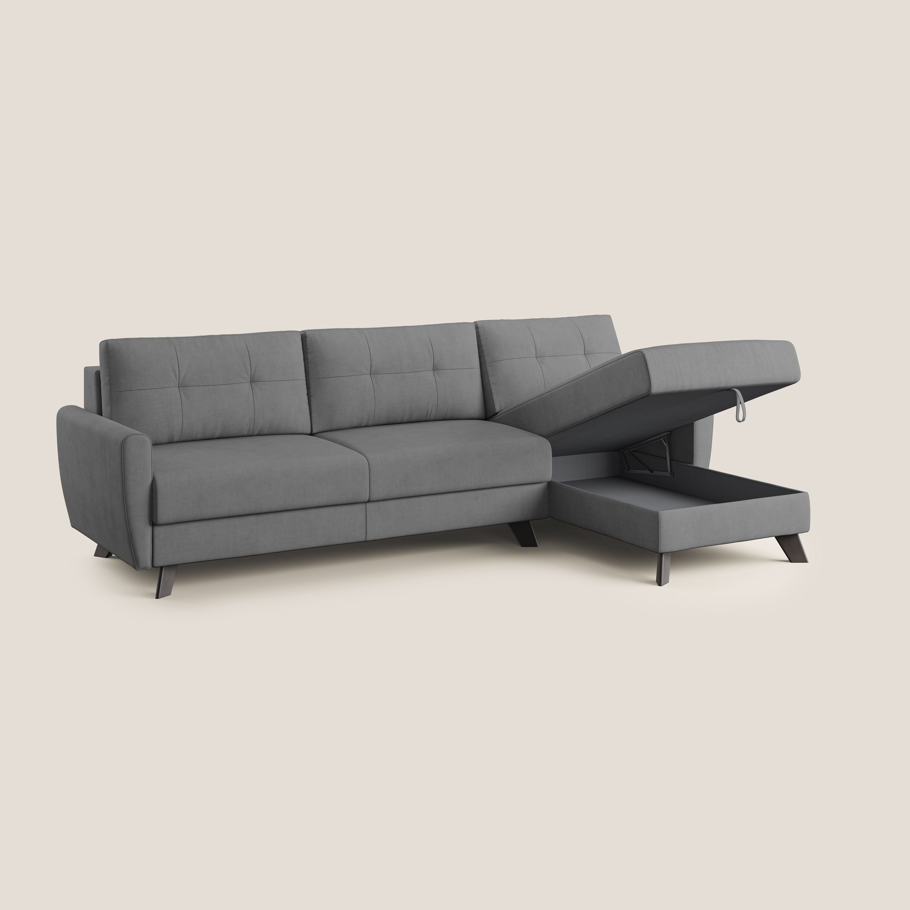 Callisto Divano letto angolare con penisola in tessuto morbido impermeabile T02 grigio - divani.store