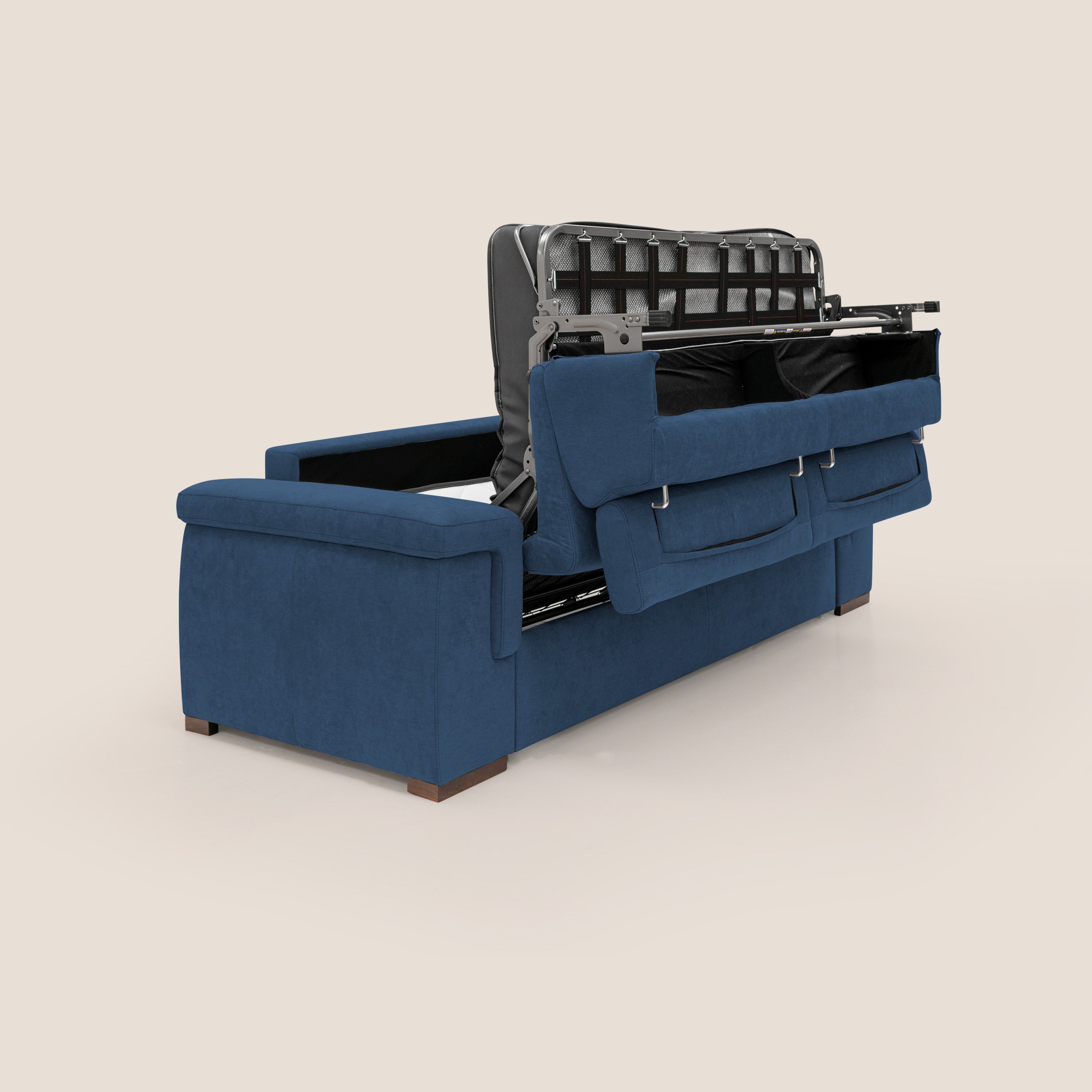 Giunone divano letto con materasso alto 18 cm e poggiatesta reclinabili in tessuto impermeabile T02 blu - divani.store