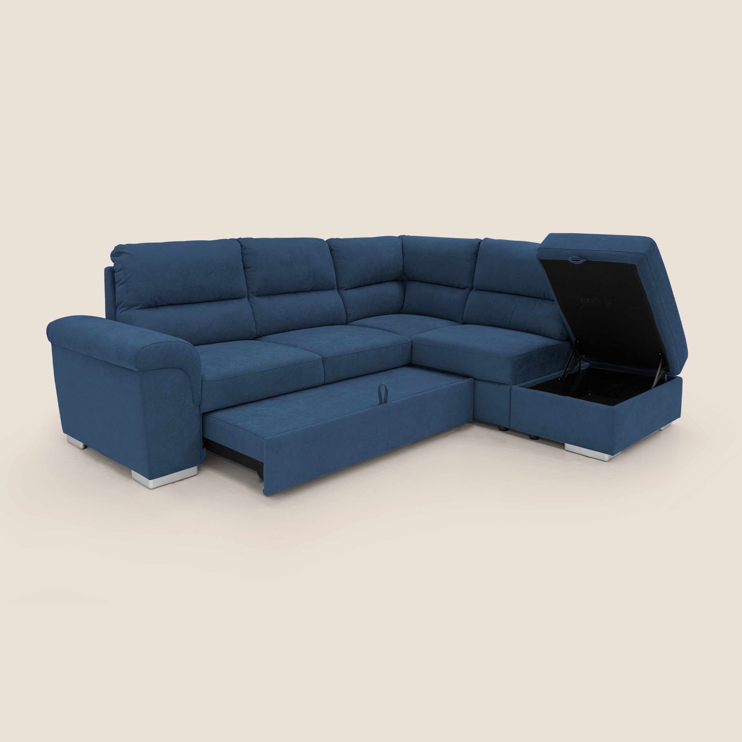 Minerva divano angolare con estraibile a cassettone e pouf contenitore in tessuto morbido impermeabile T02 blu - divani.store