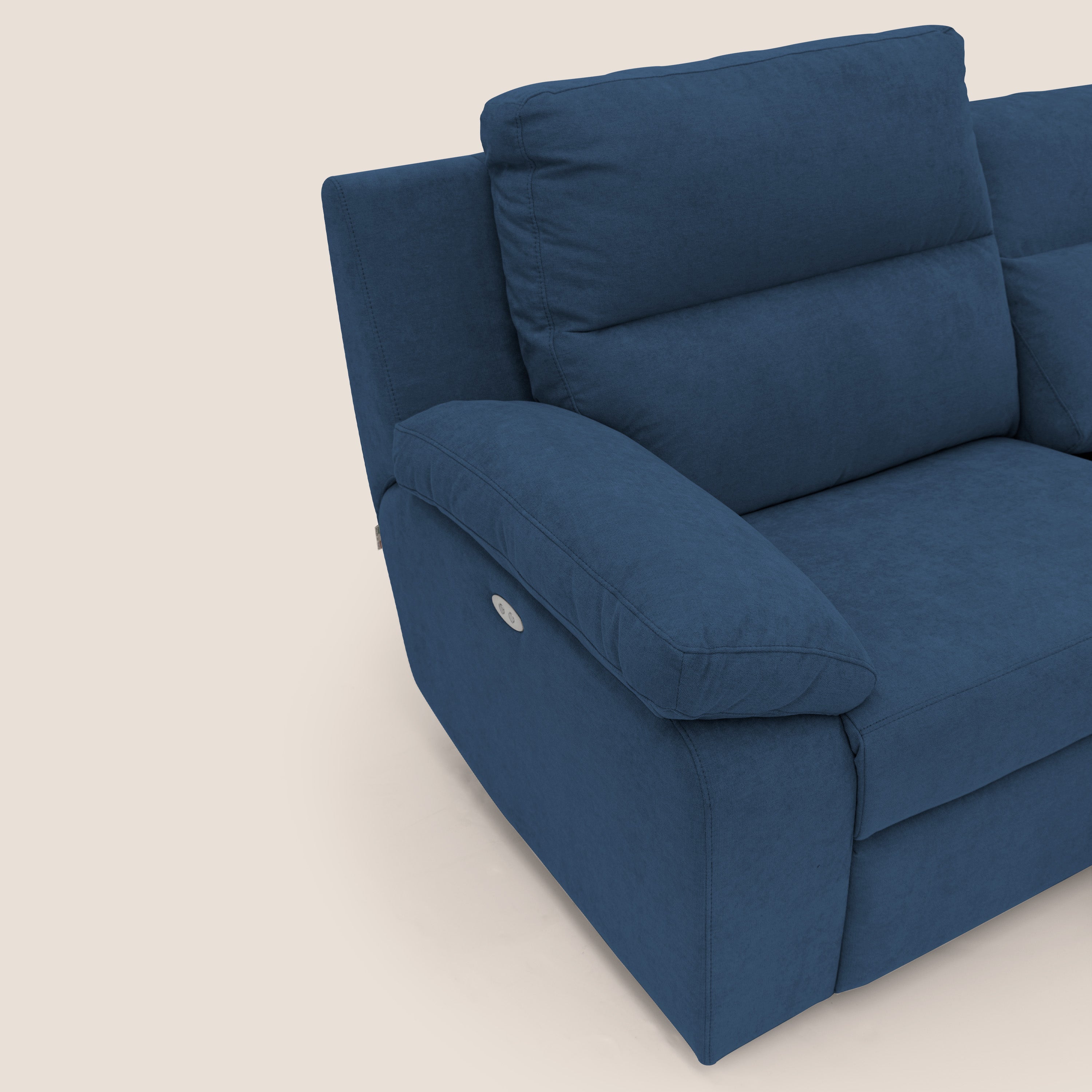 Romeo Divano relax con recliner elettrico in morbido tessuto impermeabile T02 blu - divani.store