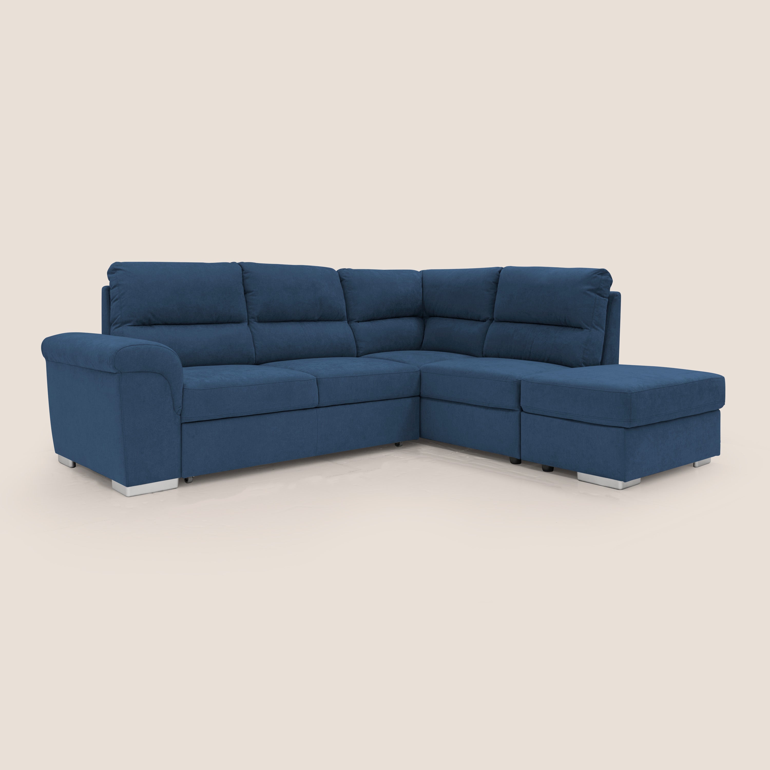 Minerva divano angolare con estraibile a cassettone e pouf contenitore in tessuto morbido impermeabile T02 blu - divani.store