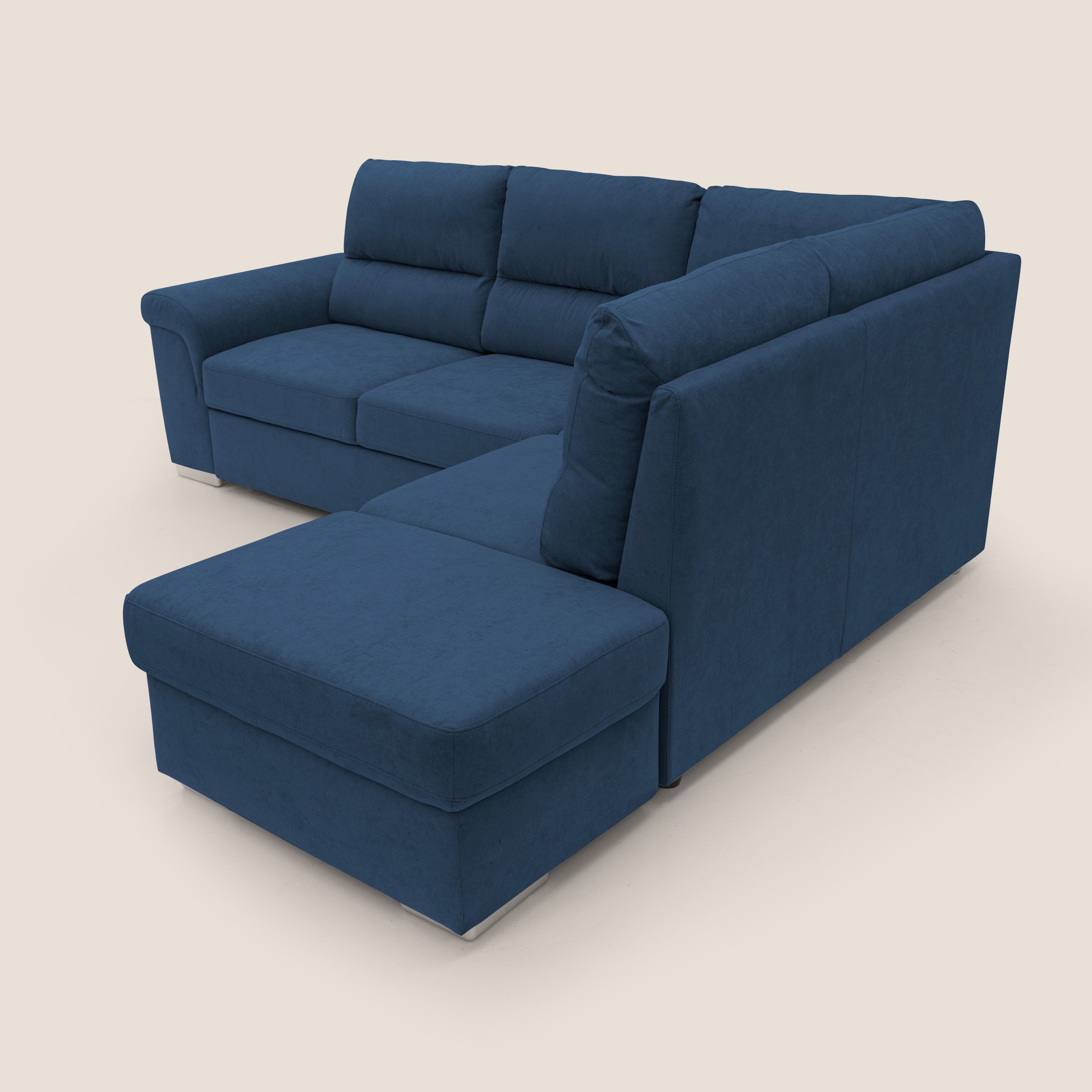 Minerva divano angolare con estraibile a cassettone e pouf contenitore in tessuto morbido impermeabile T02 blu - divani.store