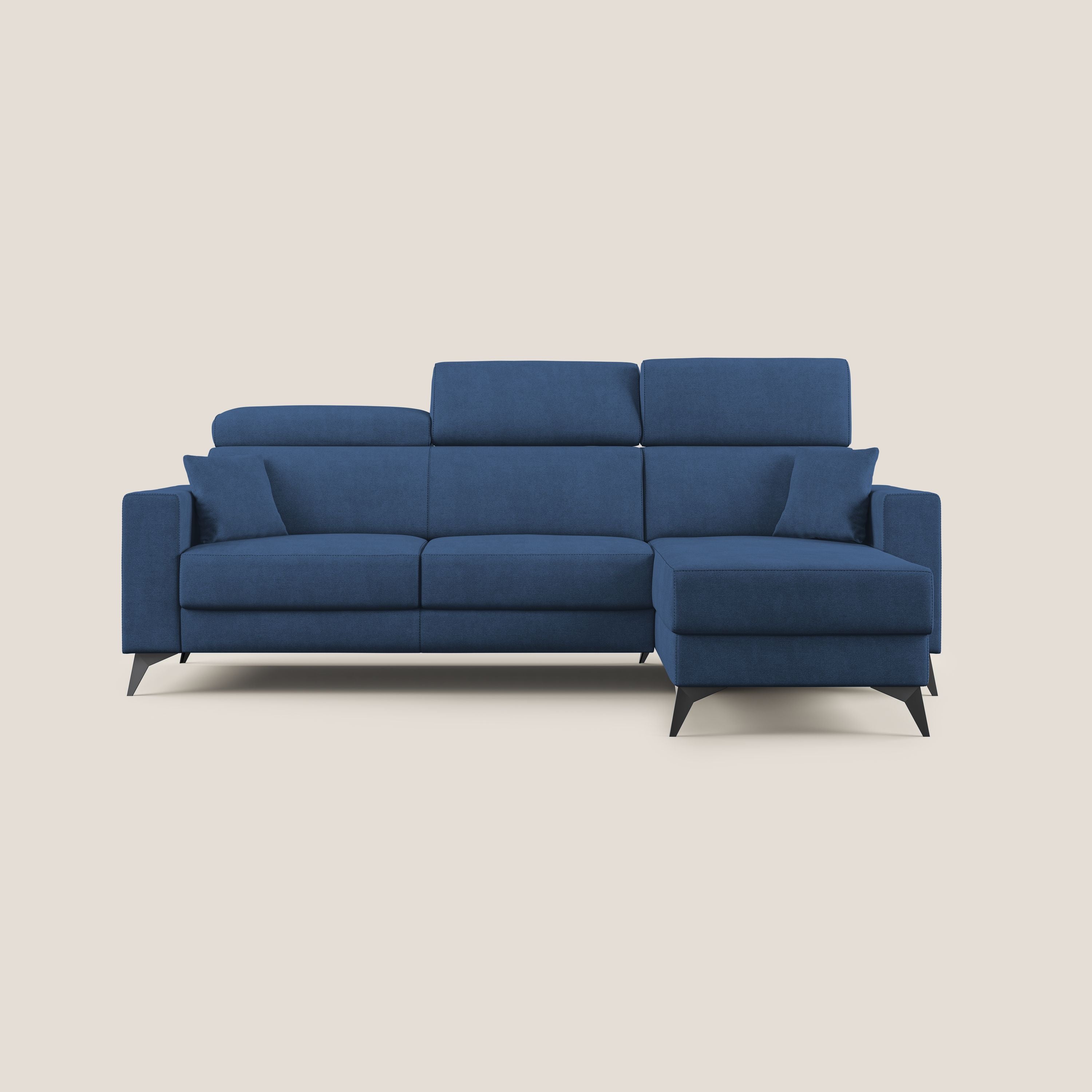 Pegaso divano letto angolare con poggiatesta reclinabili e rivestimento impermeabile T02 blu - divani.store