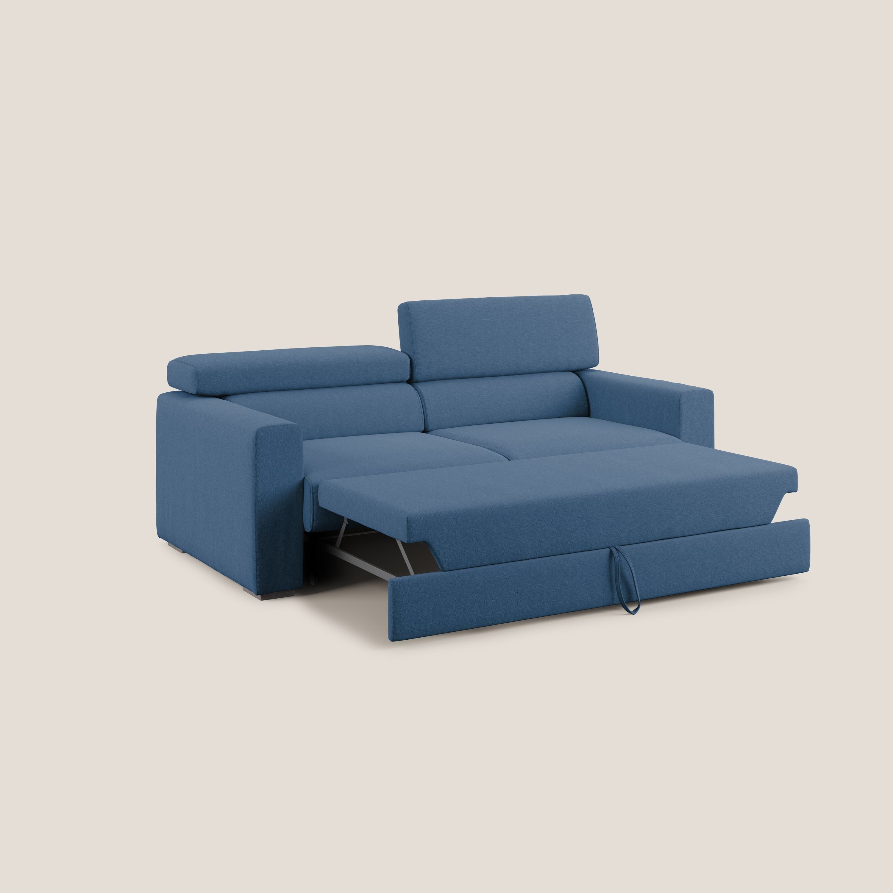 Dylan divano allungabile con pouf estraibile poggiapiedi in tessuto simil cotone impermeabile T13 blu - divani.store