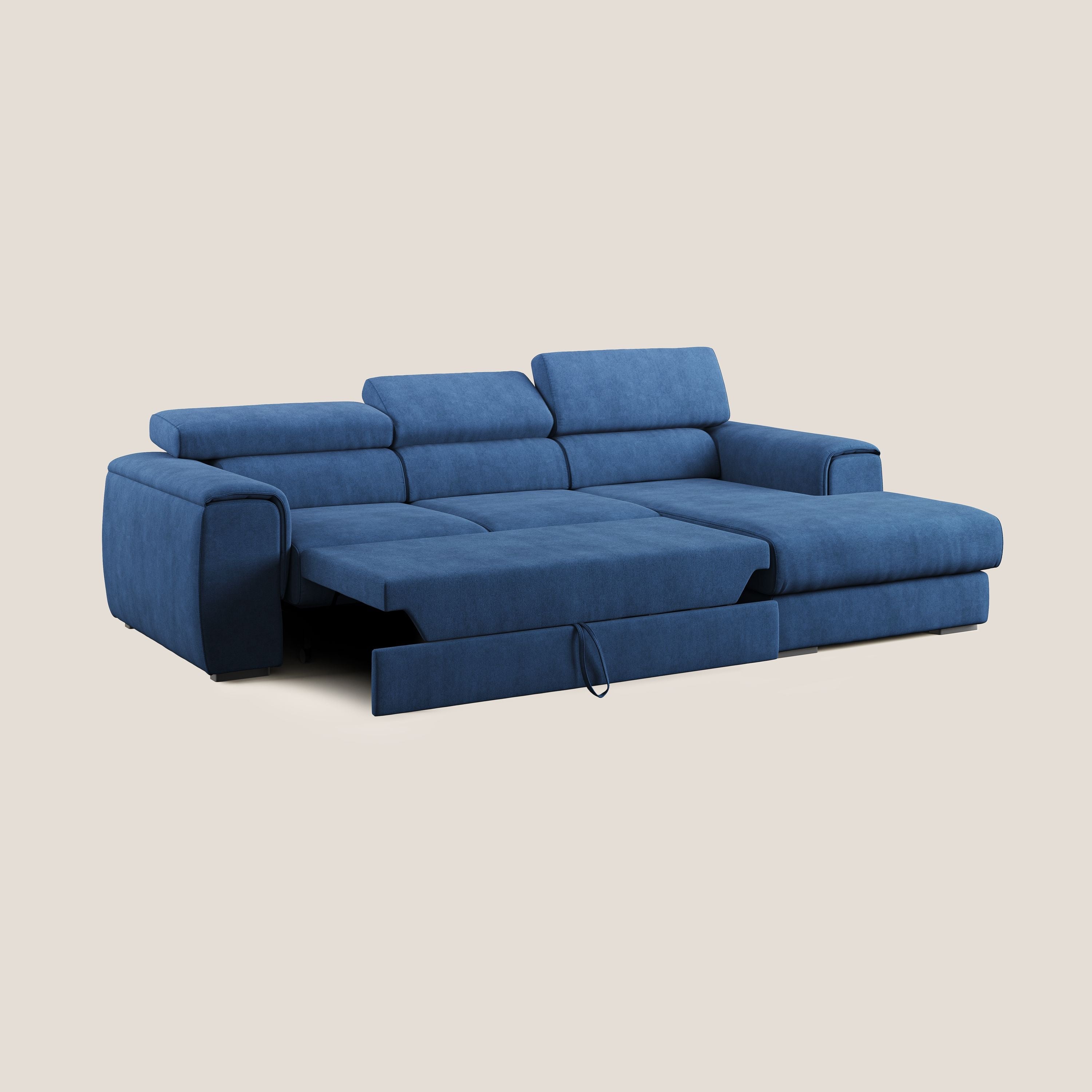 Zeno Divano angolare con pouf estraibile poggiapiedi in tessuto morbido impermeabile T02 blu - divani.store
