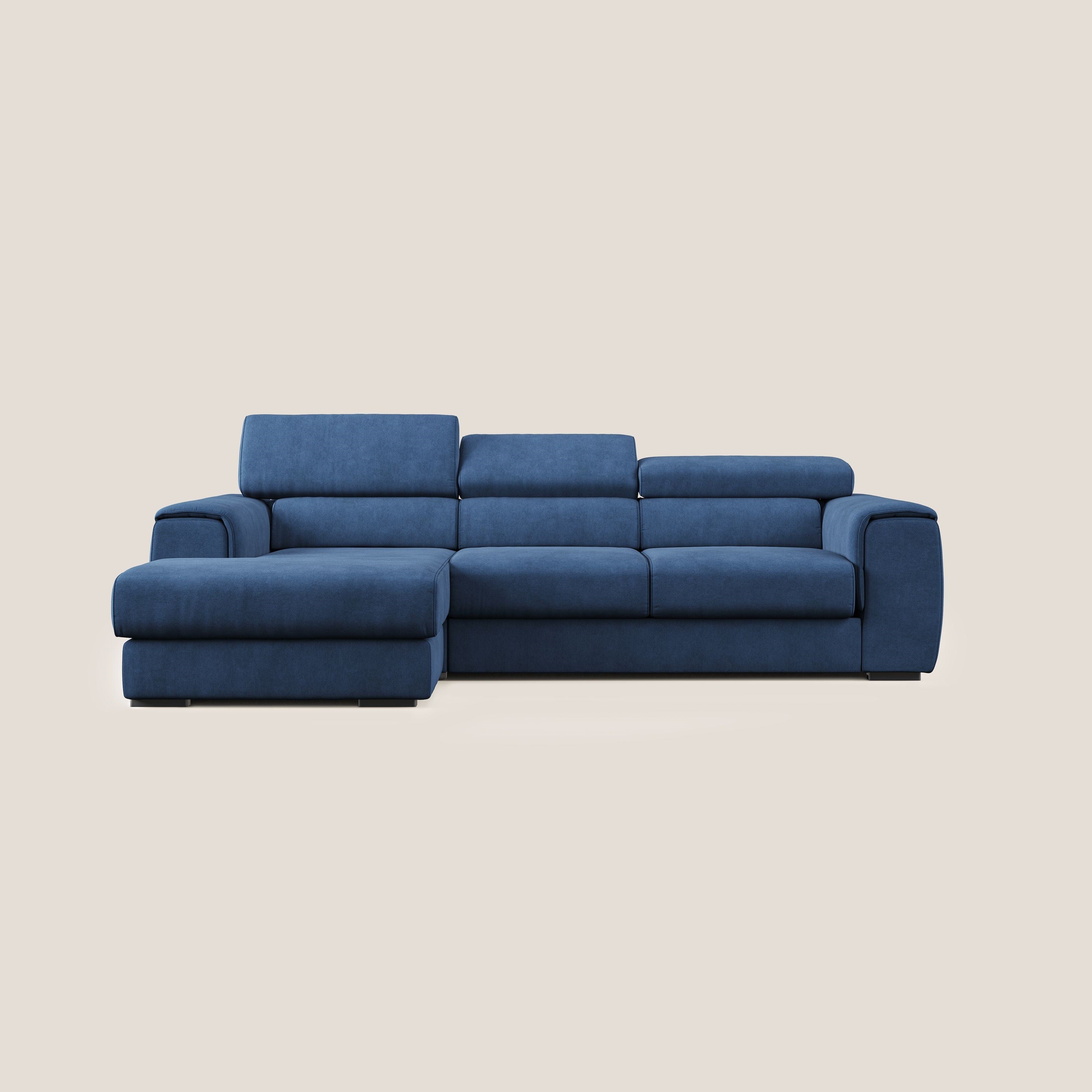 Zeno Divano angolare con pouf estraibile poggiapiedi in tessuto morbido impermeabile T02 blu - divani.store