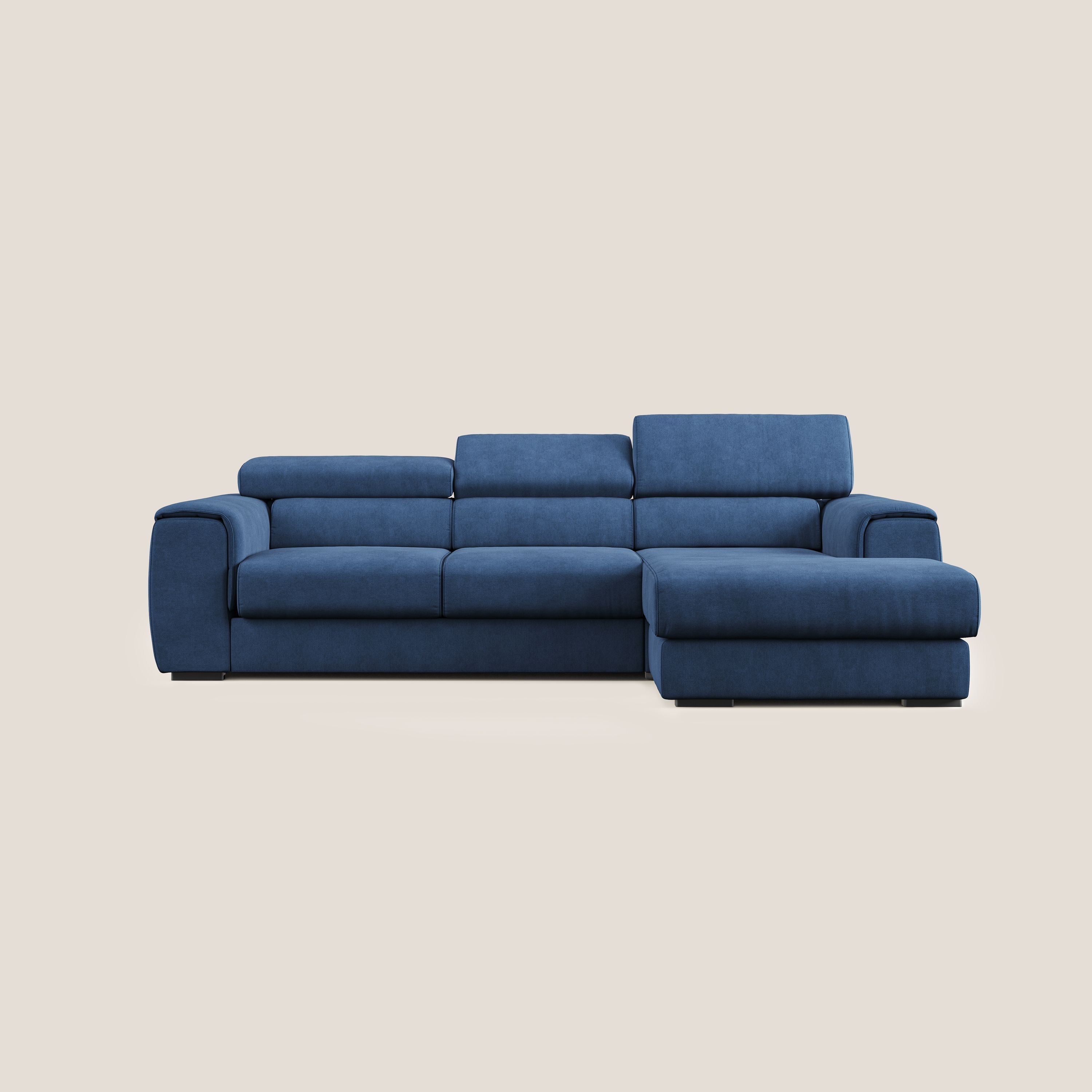 Zeno Divano angolare con pouf estraibile poggiapiedi in tessuto morbido impermeabile T02 blu - divani.store