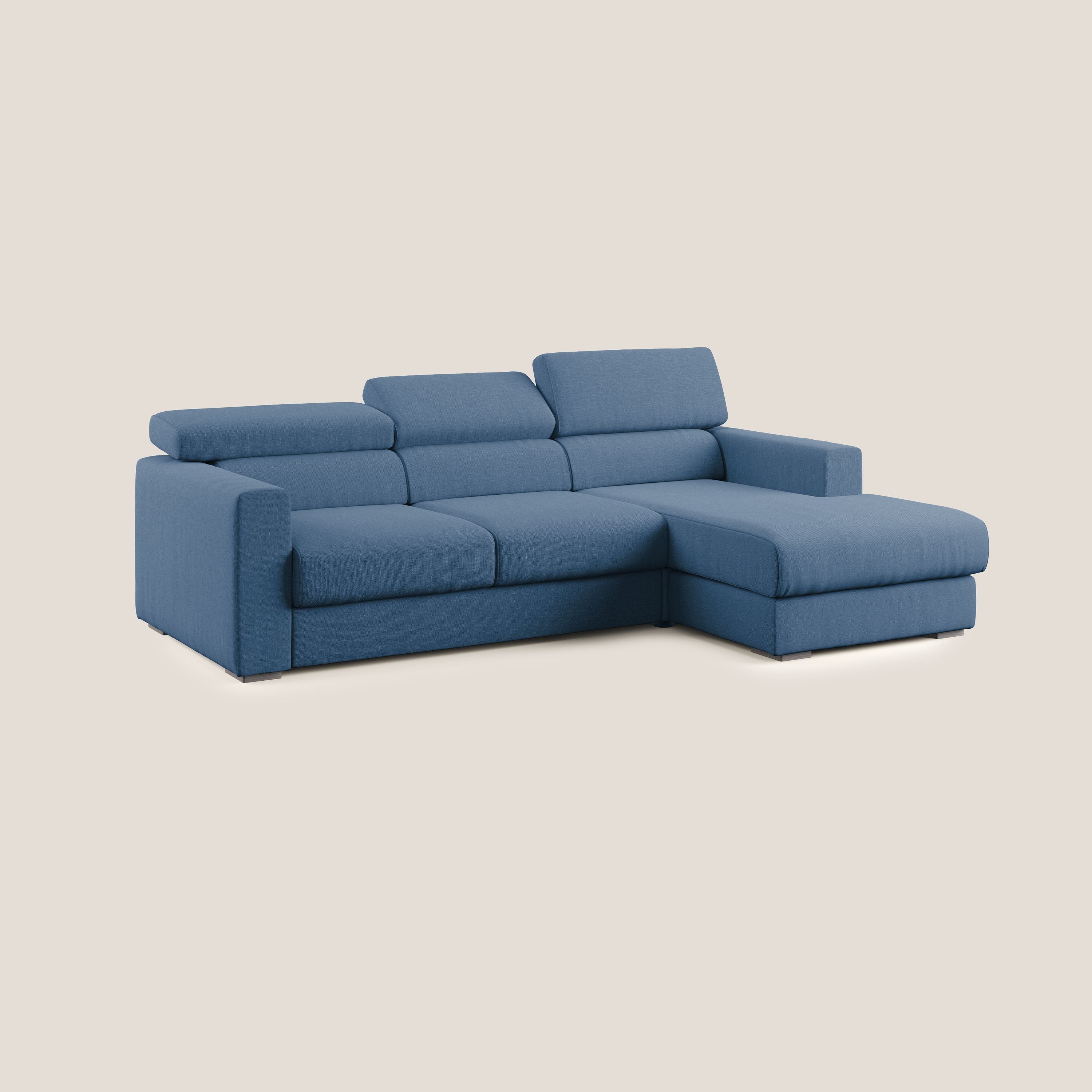 Dylan divano angolare con pouf estraibile poggiapiedi in tessuto simil cotone impermeabile T13 blu - divani.store