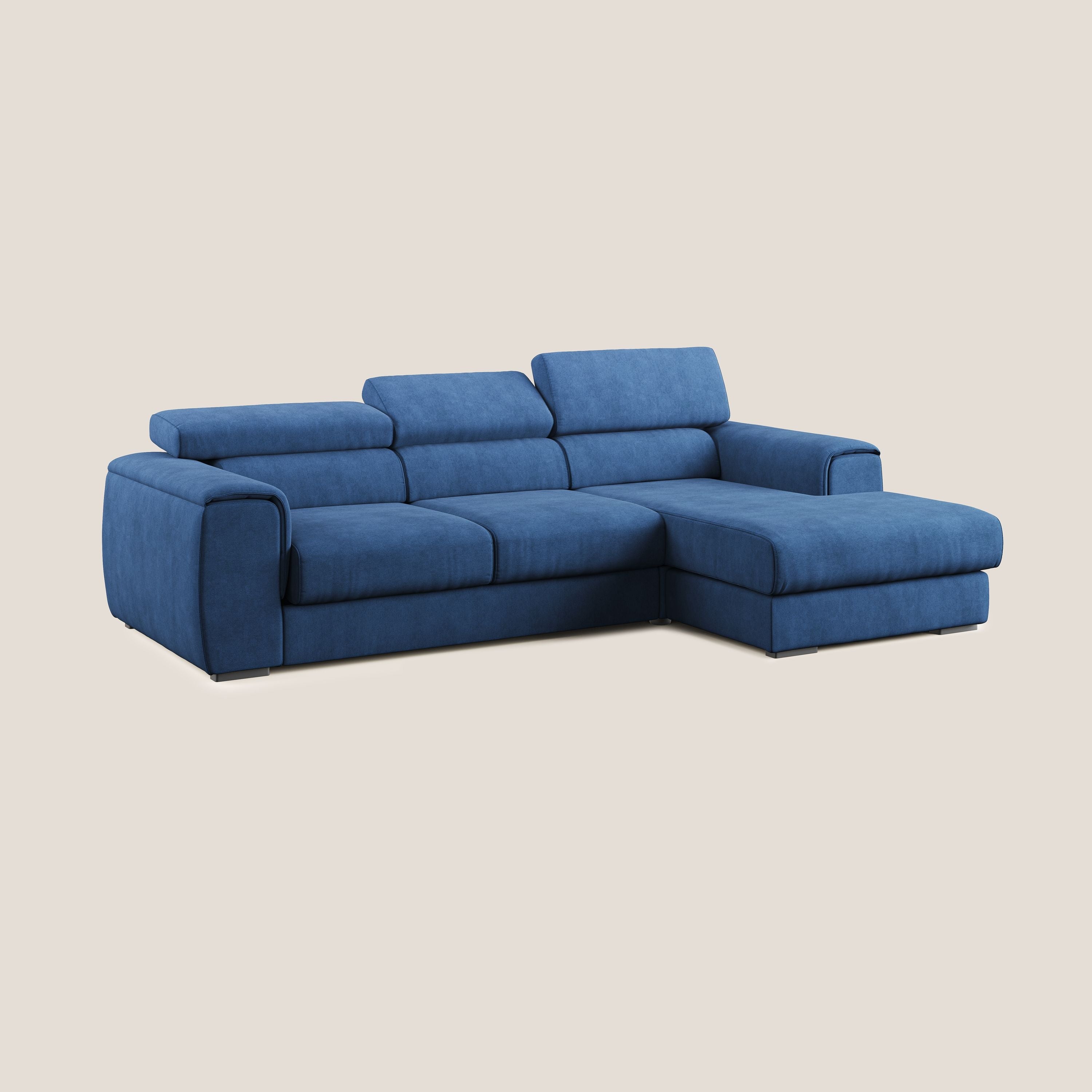 Zeno Divano angolare con pouf estraibile poggiapiedi in tessuto morbido impermeabile T02 blu - divani.store