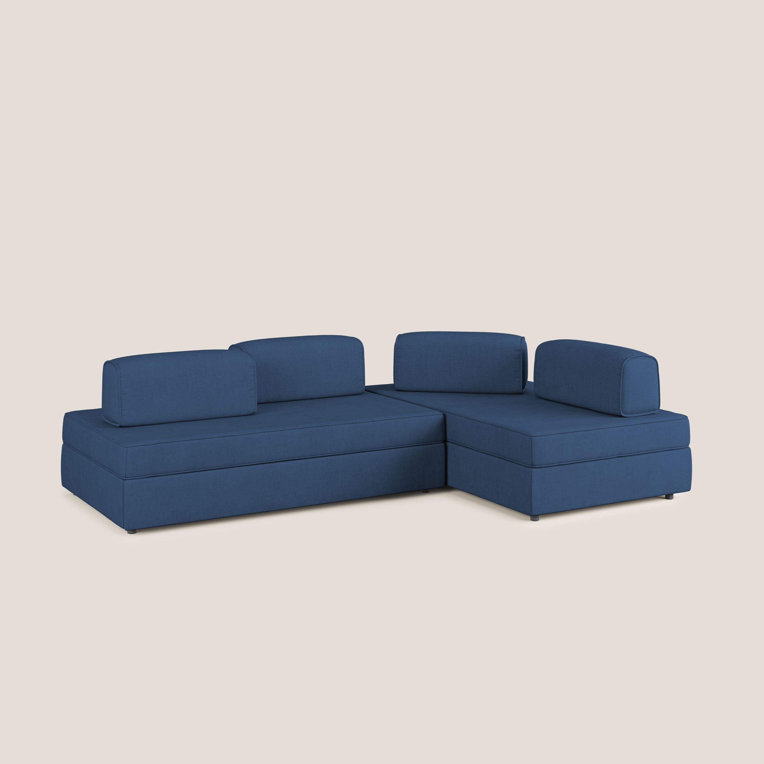 Liberty divano angolare con pouf estraibile e schienali movibili in tessuto morbido impermeabile T02 blu - divani.store