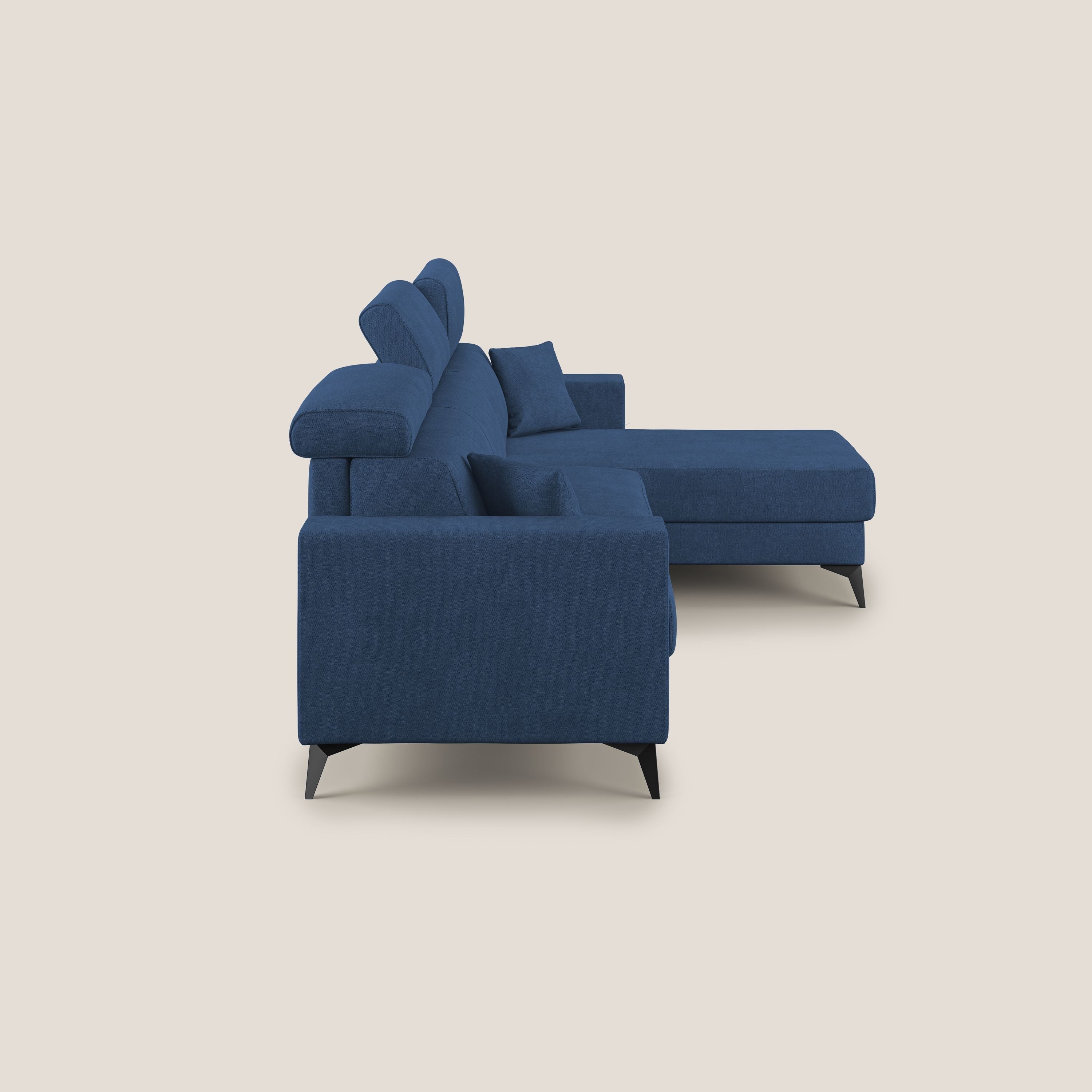 Pegaso divano letto angolare con poggiatesta reclinabili e rivestimento impermeabile T02 blu - divani.store